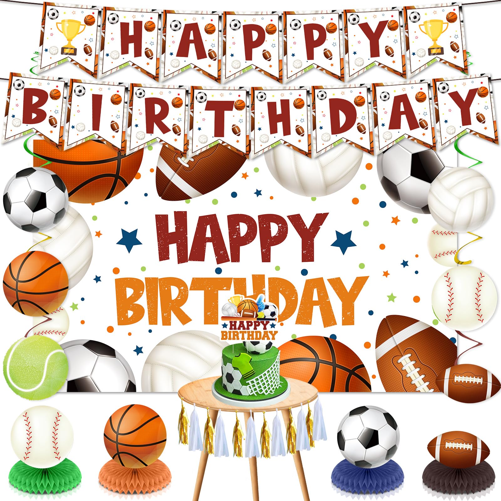 Sports Birthday Decorations,Sports Happy Birthday Banner Backdrop,Honeycomb Centerpieces,Cake Toppers,Hanging Swirls for Boys Girls Kids Men Women