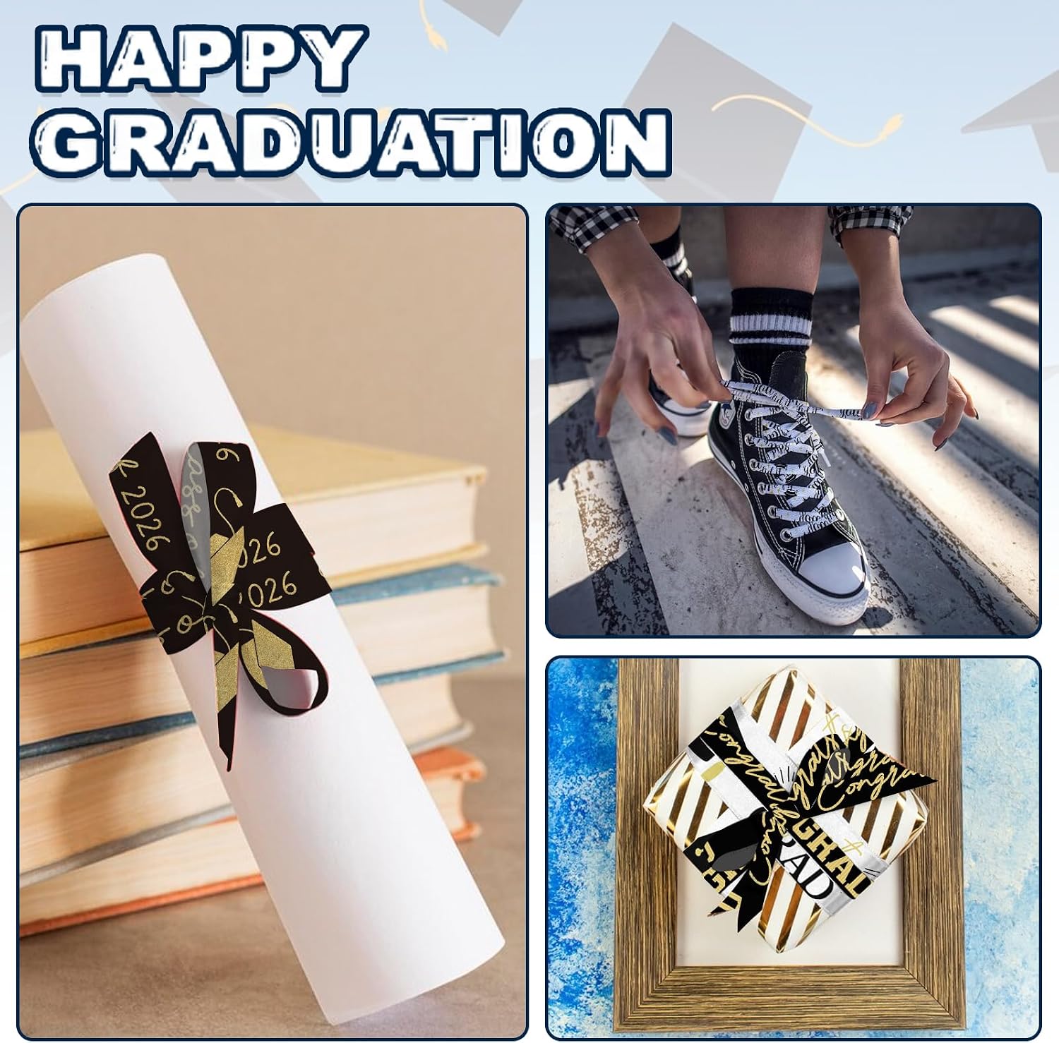 ALIBBON 4 Rolls 20 Yards 3/8" 1" Graduation Grosgrain Ribbon Bronzing Class of 2026 Ribbons Congrats Grad Ribbon for Graduation Gift Wrapping Bows Grad Decor Party Supplies image 3