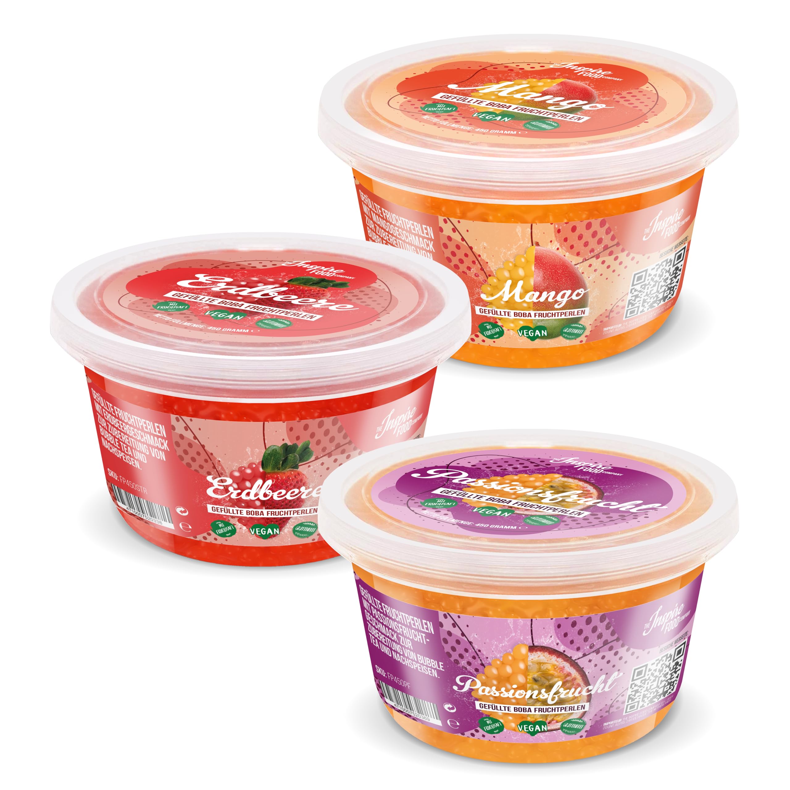INSPIRE FOOD Popping Boba Variety Pack - Strawberry, Mango, Passionfruit (3 x 450 gm) - No Artificial Colors - Lower Sugar, Real Fruit Juice - 100% Vegan & Glutenfree