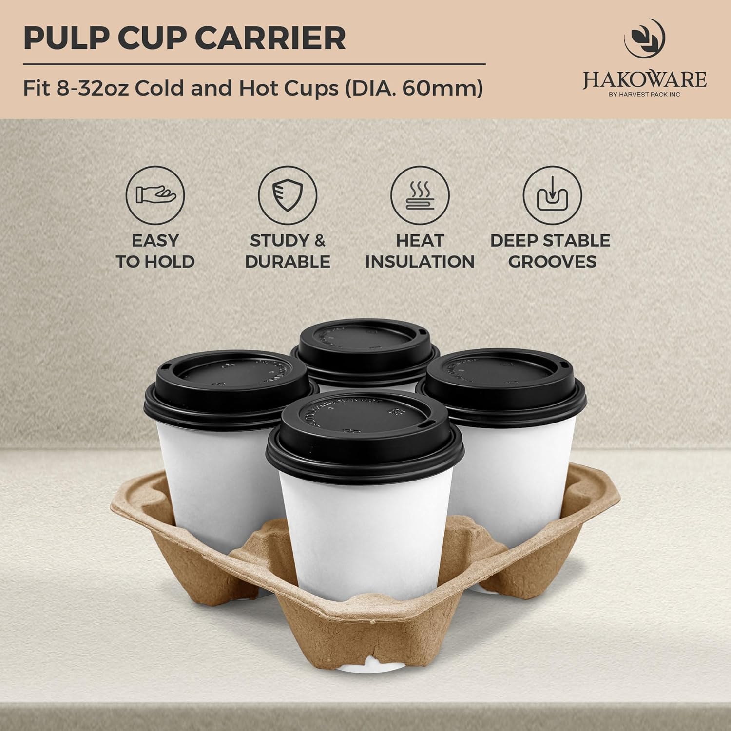 [25 Count] HAKOWARE 8-32oz 4 Cup Disposable Drink Carrier Trays, Compostable Pulp Fiber Drink Holder for Takeout Drinks, 10% Extra Strength Heavy Duty Kraft to Go Coffee Cup Holders for Delivery