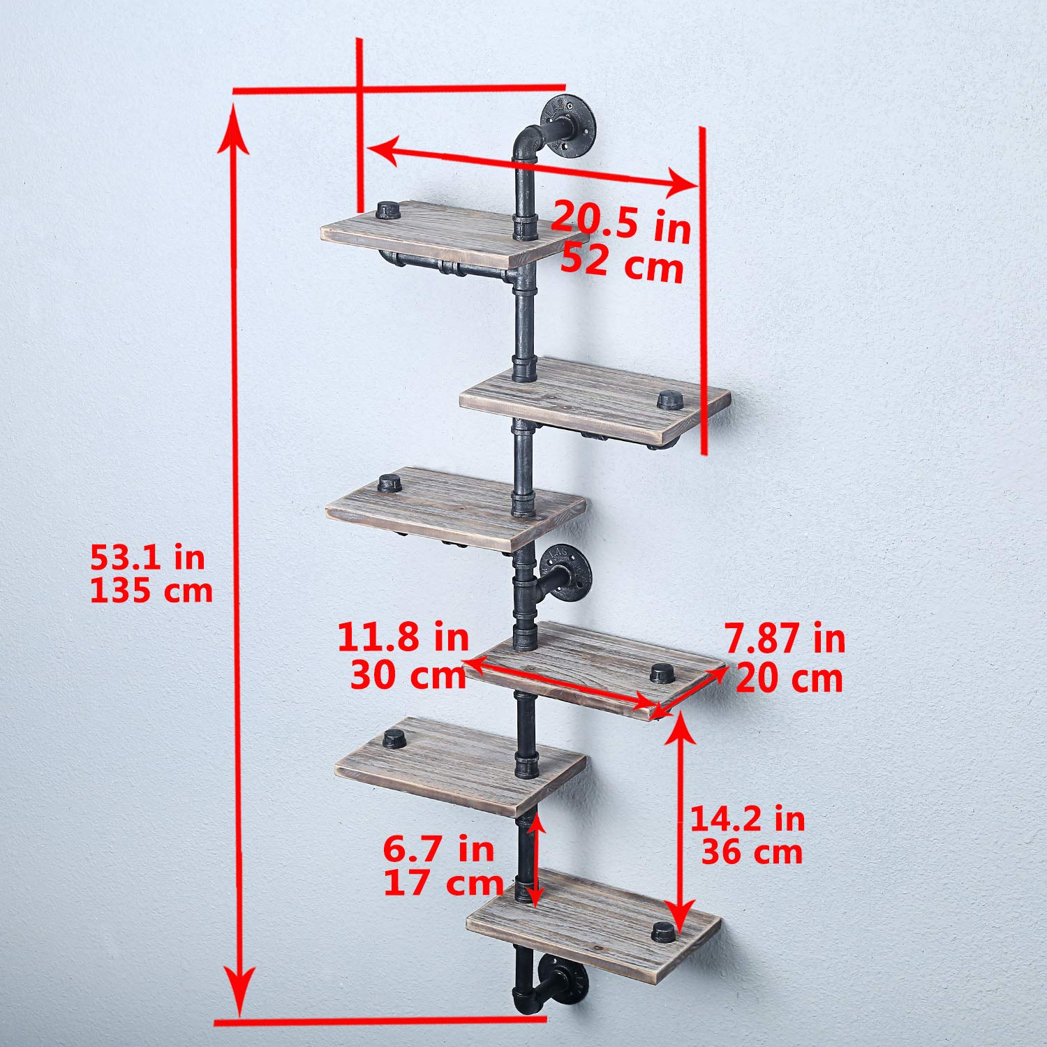 MBQQ Industrial Pipe Shelf,6Tiers Wall Mount Bookshelf, Metal&Wood