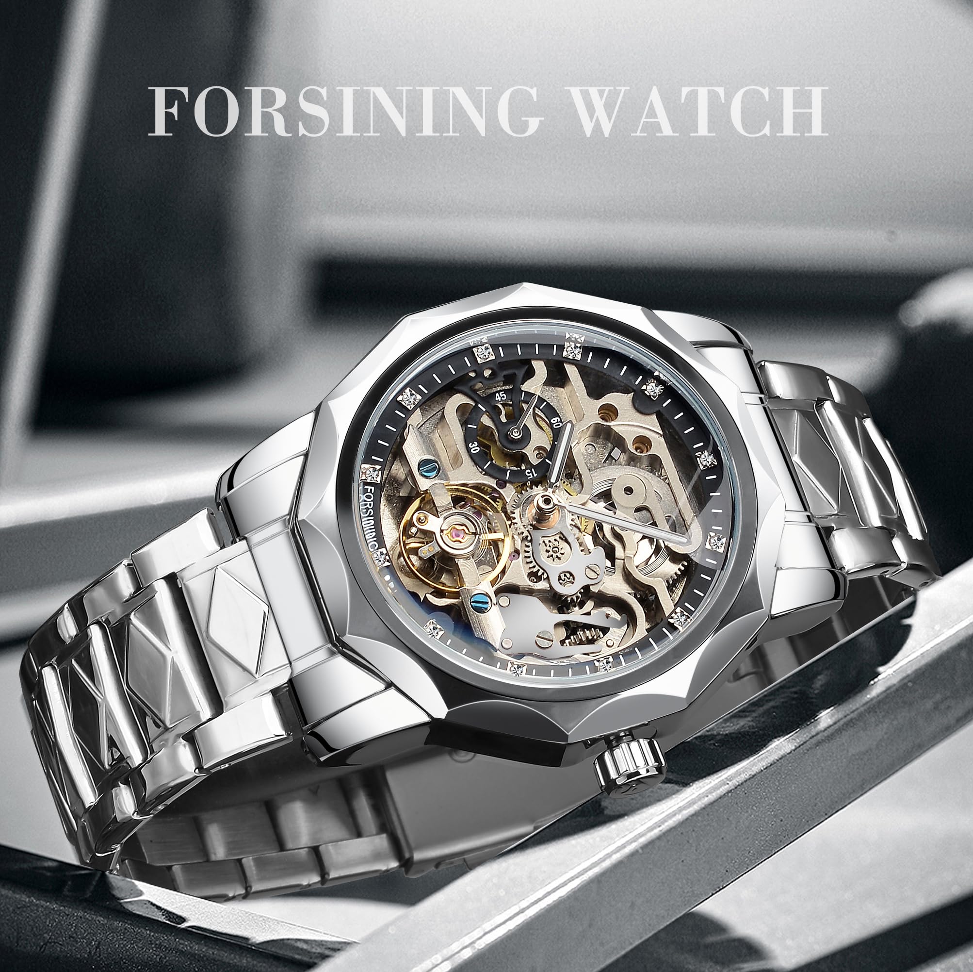 FORSINING Herren Skelett Automatik Tourbillon Uhr Selbstaufzug Hohl Mechanische Uhr Tourbillion Rhombus Edelstahl Armbanduhr Gold oder Schwarz