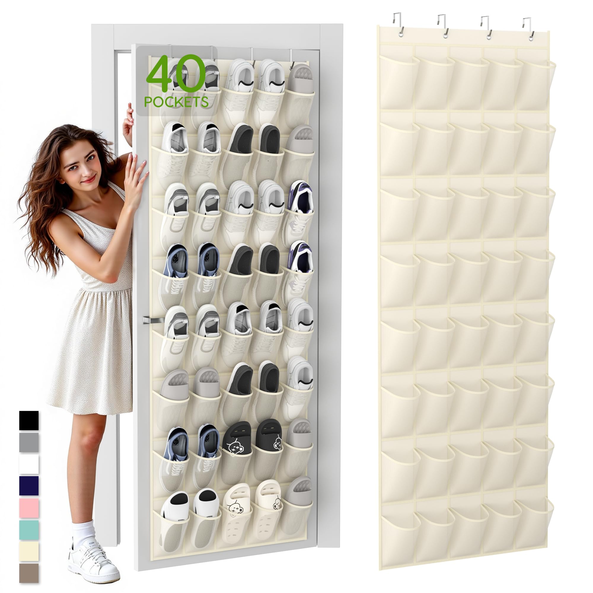 Unjumbly Over the Door Shoe Organizer with 40 Large Breathable Mesh Pockets, Space Saving Shoe Holder, Hanging Shoe Rack for Entryway Bedroom Closet Storage (Beige, 40 Pockets)