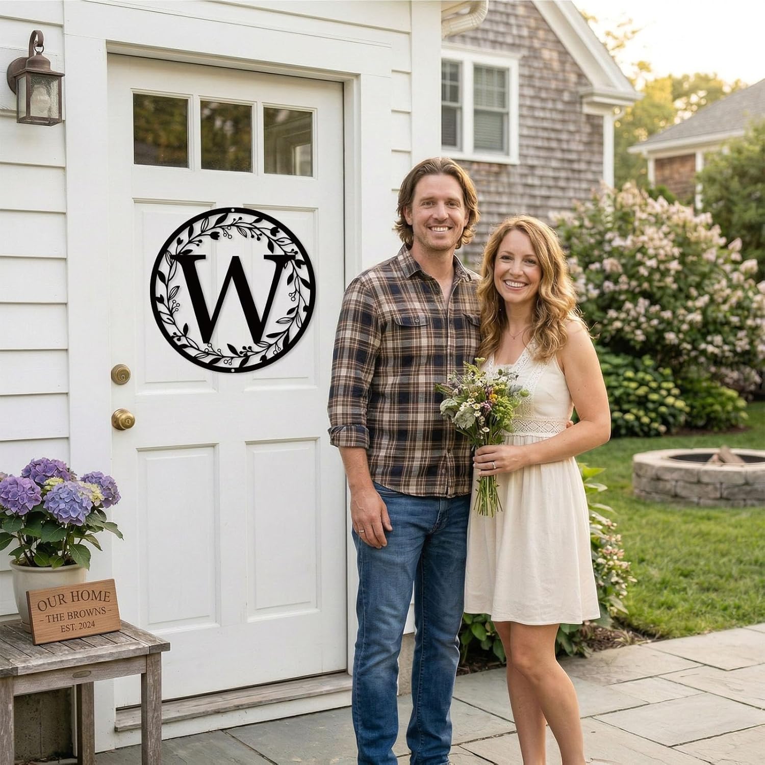 Wreath Monogram Metal Letter W Door Hanger, Welcome Sign for Front Door, Letter W Monogram Wall Decor, Elegant Metal Initial W Wall Art for Anniversary, Wedding, Housewarming Gift