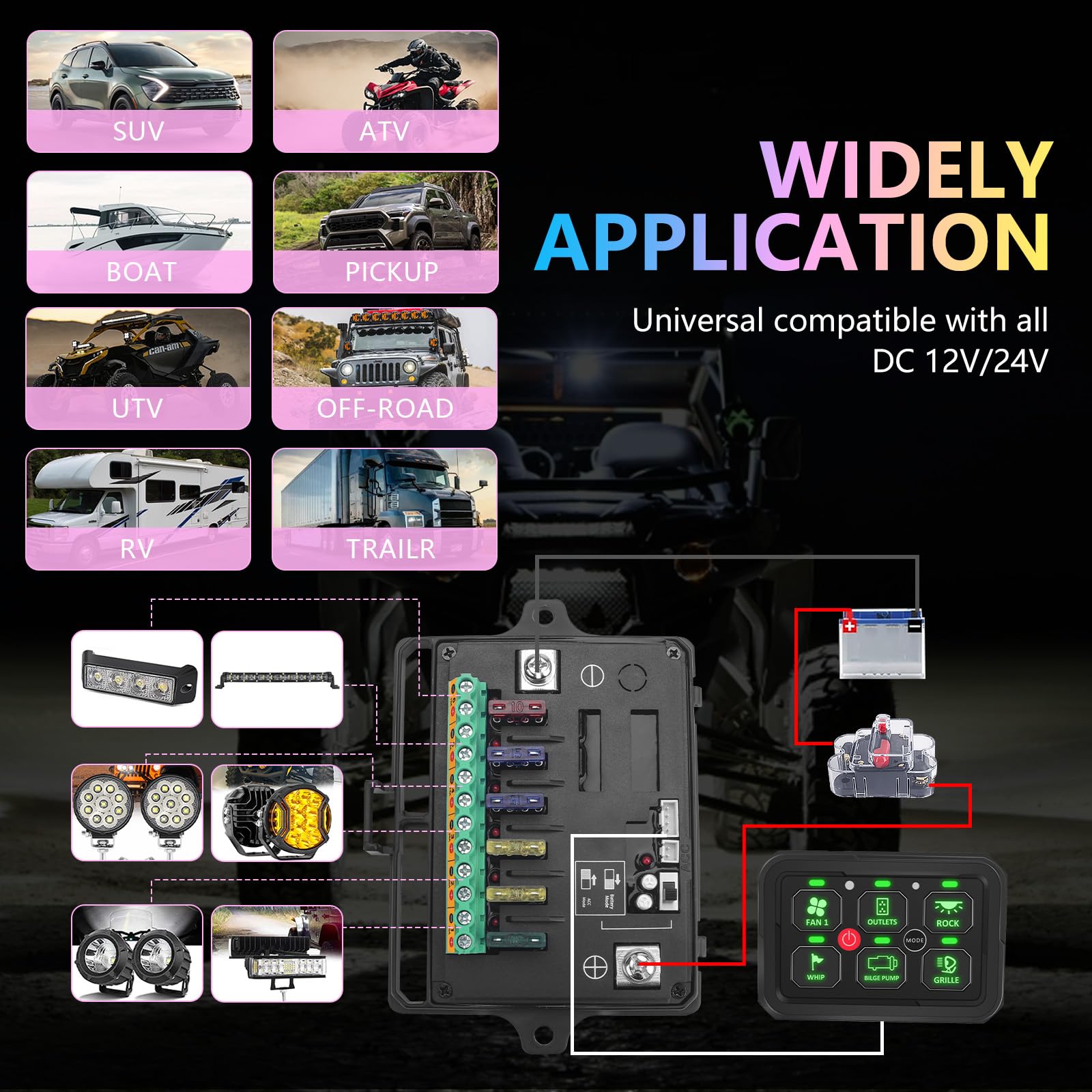 Chelhead Panel przełącznika RGB 6 Gang Auto Dimming 12V/24V IP65 | Panel sterowania Automatyczne ściemnianie podświetlenia, 4 tryby przełączania (przełącznik, puls, lampa błyskowa, stroboskop)