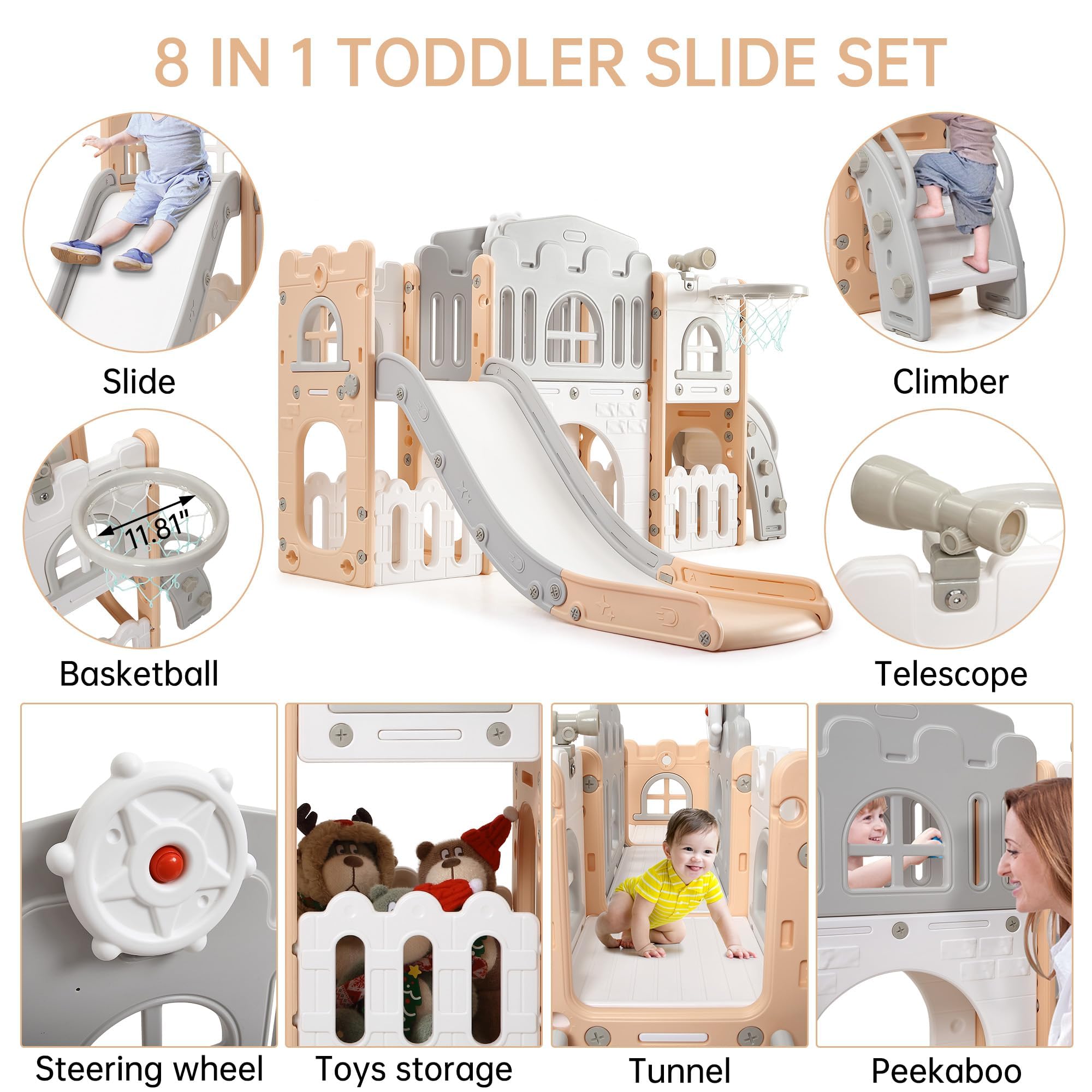 11-in-1 Kinderrutsche Indoor & Outdoor – Multifunktions Spielset Mit Klettergerüst, Basketballkorb, Tunnel, Lenkrad, Teleskop Und Zeichentafel Für Kinder 1-5 Jahre, Sicher Und Stabil, Rosa