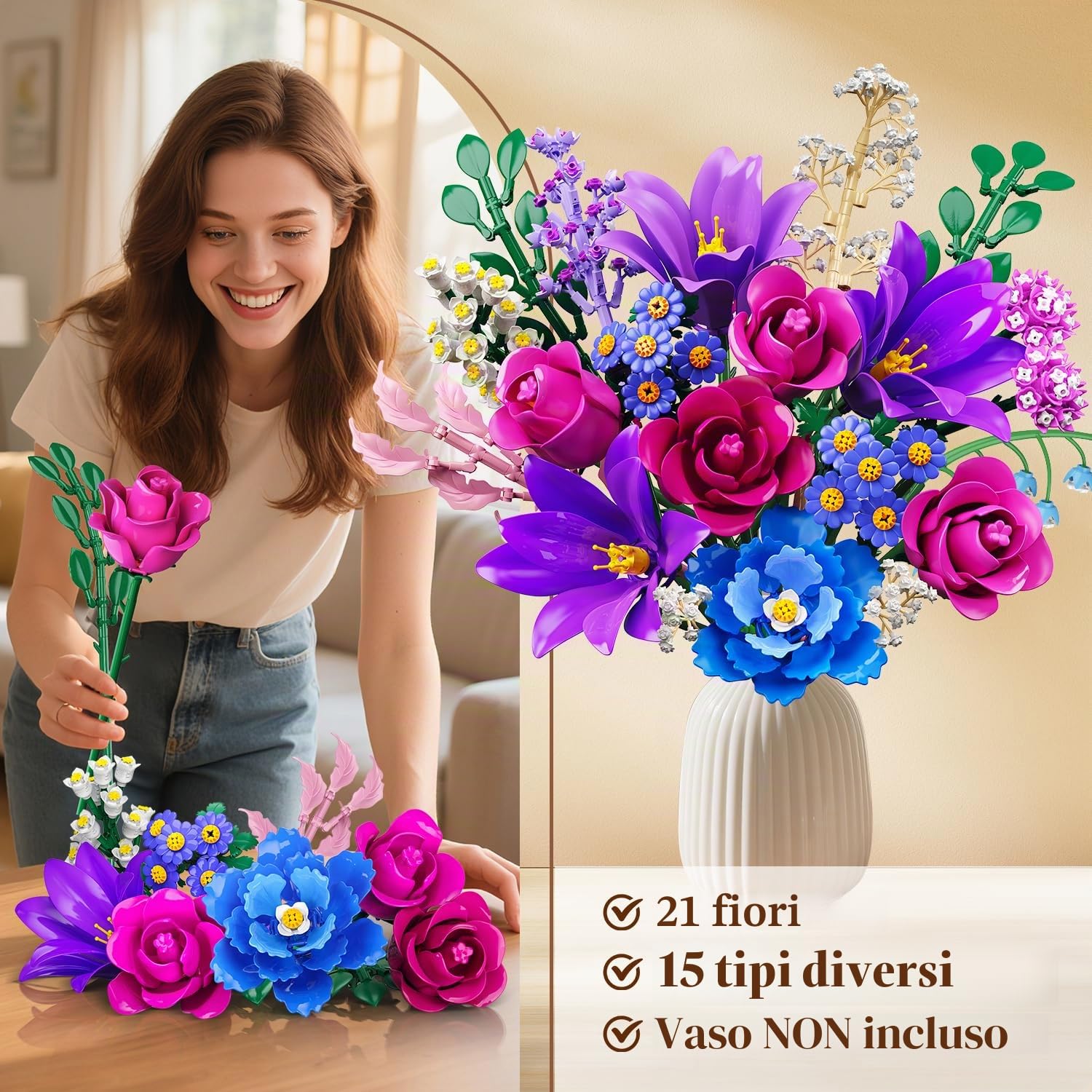 CUBIMANA Set di bouquet di fiori con luce LED, 21 fiori, collezione botanica giocattolo, decorazione per piante per la casa di rose, 1054 pezzi, per lei adulti, donne, mamma, bambini, ragazze dai 12
