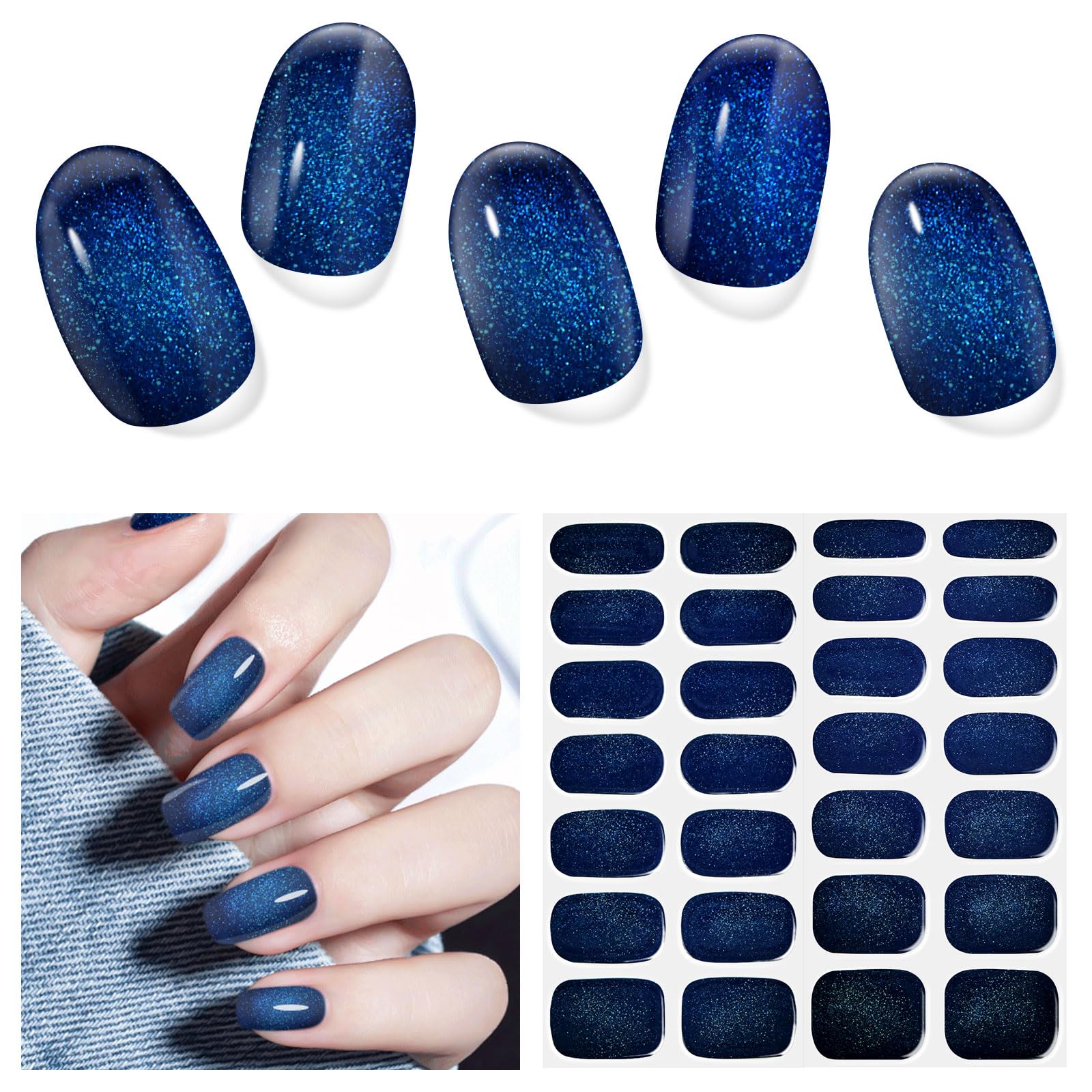 Semi Cured Gel Nail Strips, 28 pcs Gel Nail Stickers Work with Any UV Lights, Long-Lasting Nail Wraps, Stick on Nails for women Easy to Apply & Remove