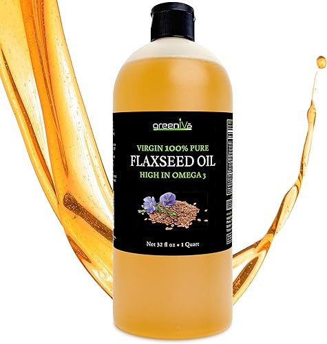 GreenIVe Aceite de semilla de lino 100% puro prensado en frío con alto contenido de omegas exclusivamente en Tienda (32 onzas líquidas)