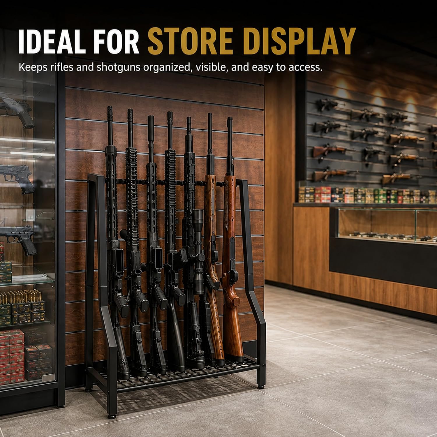 Gun Racks Heavy Duty Metal Storage Shelf Holds up 9 Long Guns | Rifle Floor Stand Black Indoor Vertical Shotgun Display Stand for garage Retail Shop,Storage Vertical Shotgun Display