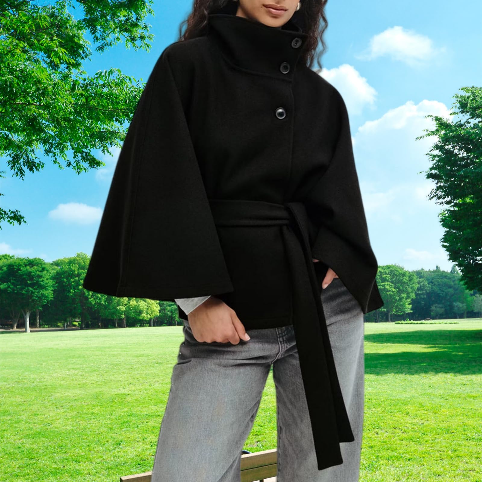 Generisch Poncho De Mujer Con Mangas De Murciélago, Caban Chaqueta Con Cuello Alto Y Cinturón Capa Abrigo Chaqueta, Capa Otoño-Invierno Bufanda Ropa Exterior