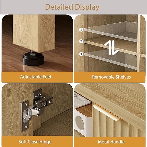 Miniatura 7 de Soporte de TV estriado para televisores de hasta 65 pulgadas, centro de entretenimiento moderno de mediados de siglo con estantes ajustables,
