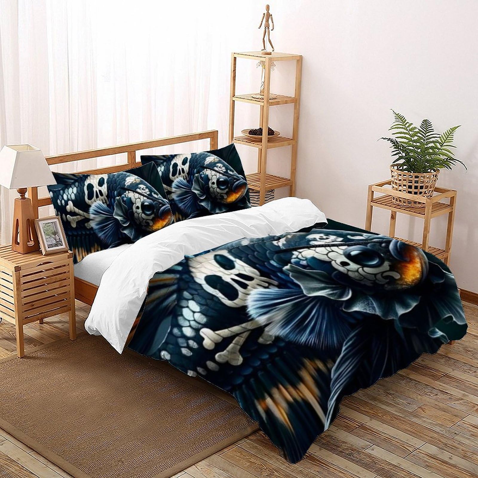 Parure de lit poisson noir 260x220 en microfibre avec 2 taies d'oreiller