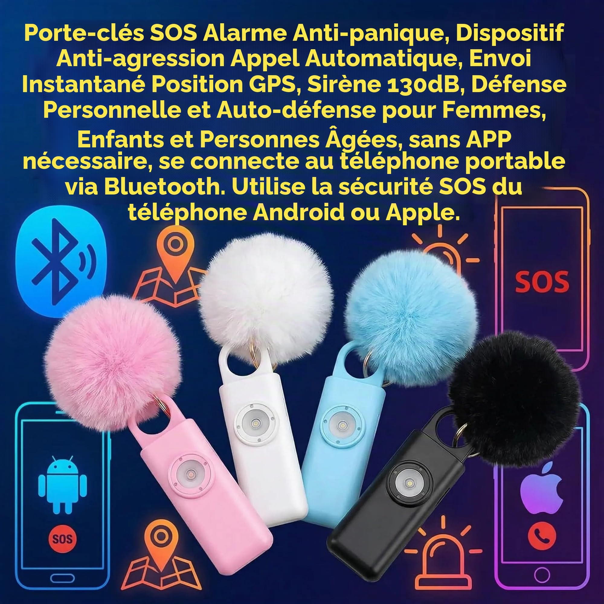 Porte-clés d'alarme anti-panique, dispositif anti-agression SOS appel automatique, envoi instantané position GPS, sirène 130 dB, défense personnelle et autodéfense pour femmes, enfants et personnes