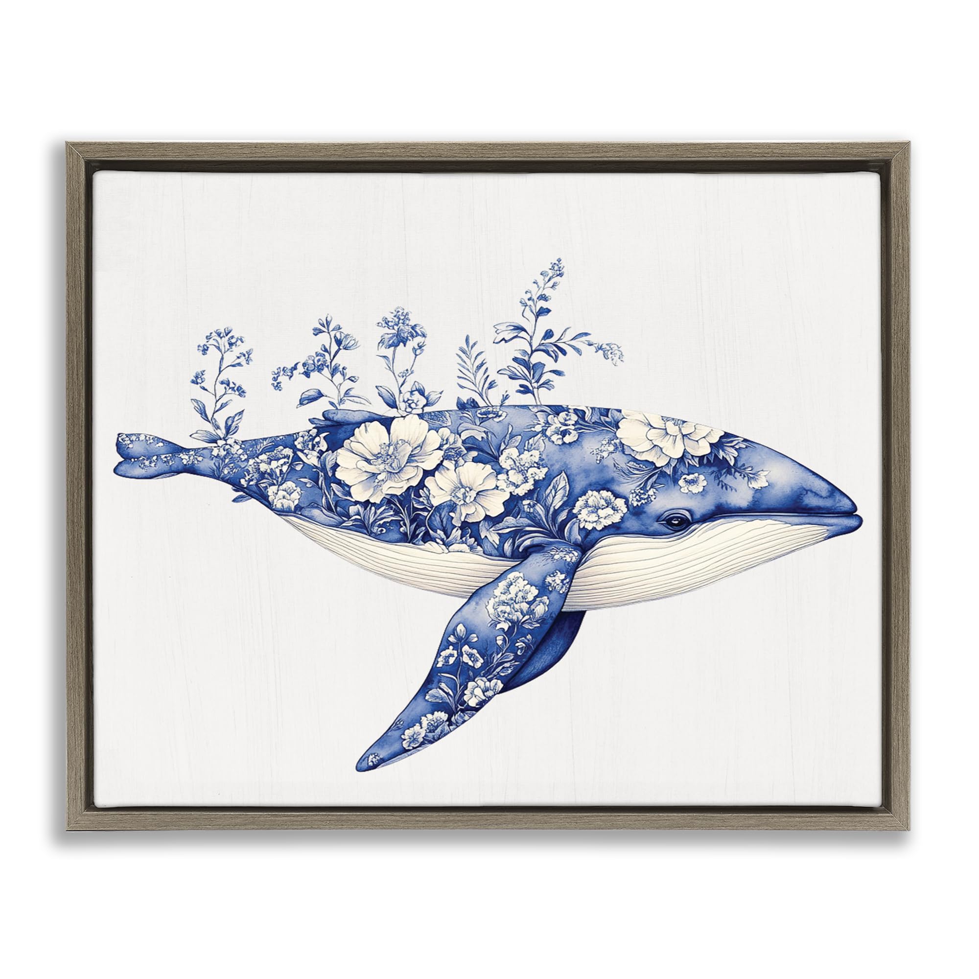 Blooming Toile Whale Coastal, 16 x 20 Inch Canvas in Floater Frame