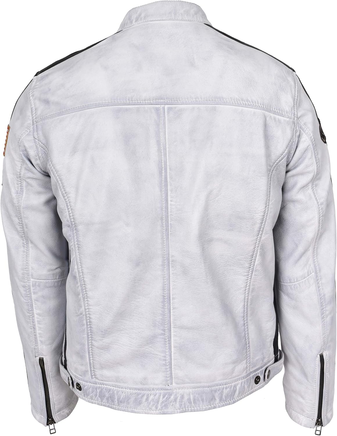 Mens Soft Leather Biker Jacket with Racing Stripes Sports Badges Casual Fitted Style