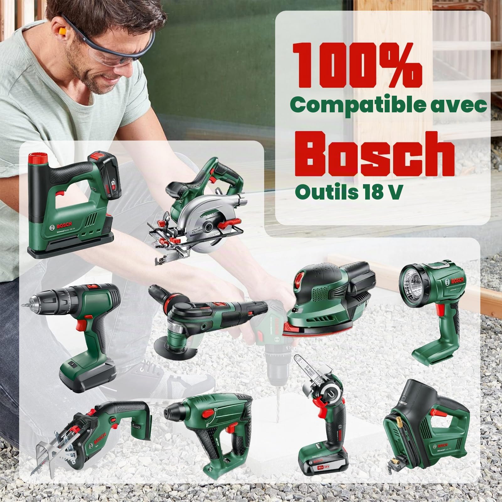 Lot de 2 batteries Li-ion de rechange 18 V 4000 mAh pour Bosch PSB 18 LI-2, PST 18 LI, UNEO MAXXH, Uneo Maxx, PSM/PSR/PSR/PSB 18 LI-2H, 1600Z00000, 2607335040, 2607336207