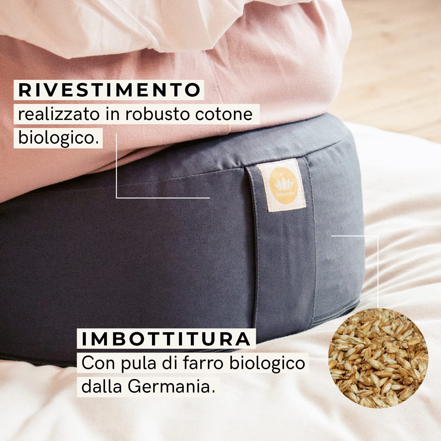 Lotuscrafts Cuscino da Meditazione, Altezza Seduta 15 cm, Modello Lotus Rotondo, Cuscino da Yoga, Cuscino Yoga, Fodera in Cotone Lavabile, Imbottitura in Farro, Certificato GOTS