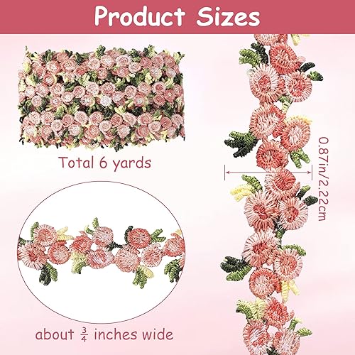 Miniatura 2 de OIIKI Cinta de encaje de 5 yardas, tela de encaje de boda, poliéster bordado rosa para apliques de boda, costura artesanal