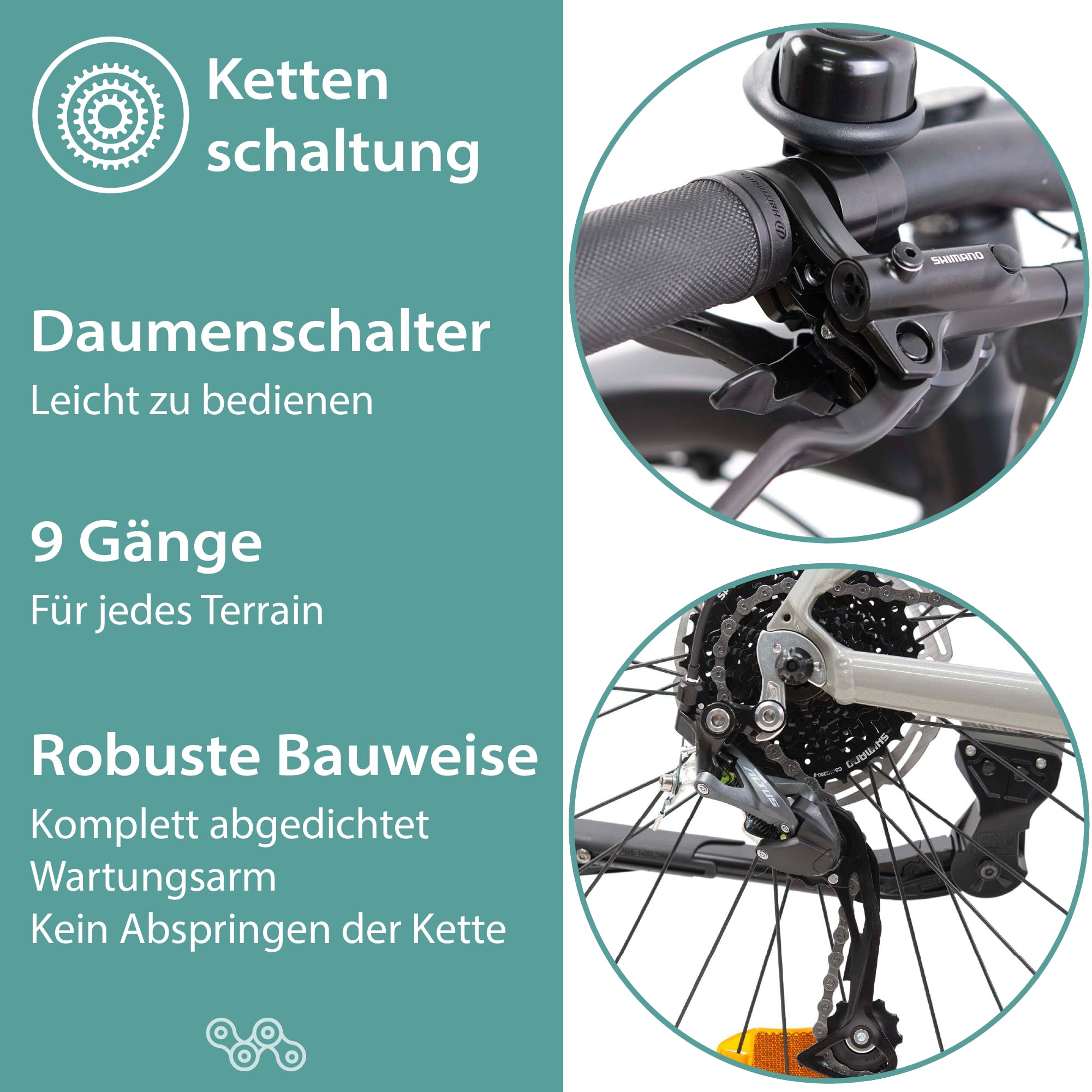 TRETWERK - 27,5 Zoll E-Bike Mountainbike - Commander - Pedelec Mountainbike mit 9 Gang Shimano Kettenschaltung - Elektrofahrrad MTB Hardtail mit Hecknabenmotor 250W, 36V