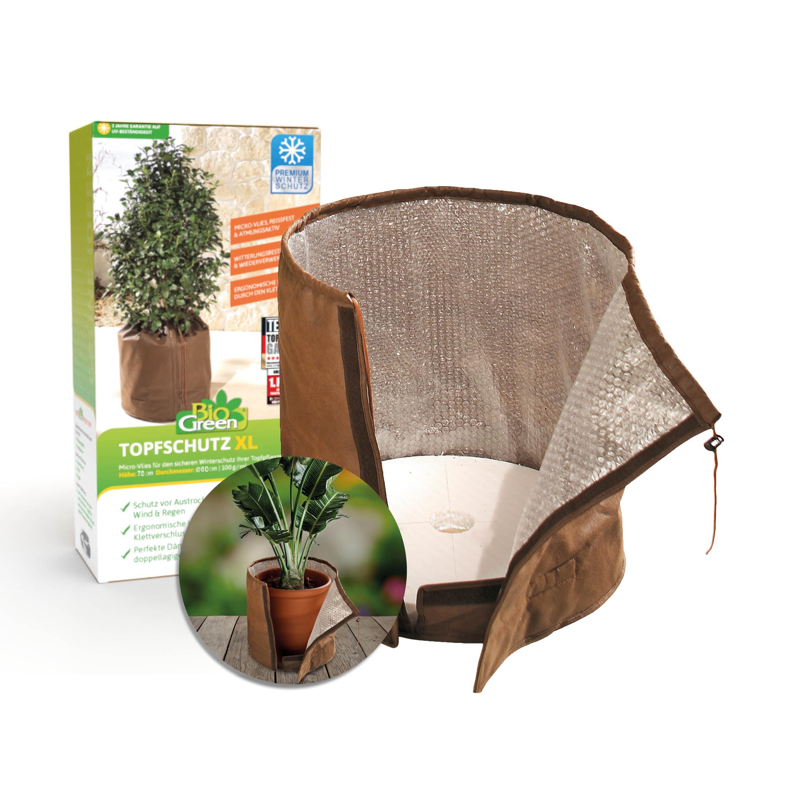 Bio Green Topfschutz XL für Pflanzgefäße | H 70 cm x Ø 65 cm | schützt vor jedem Wetter | Topfmantel aus langlebigem Micro-Vlies | Pflanztopfschutz mit dickem Isolierboden
