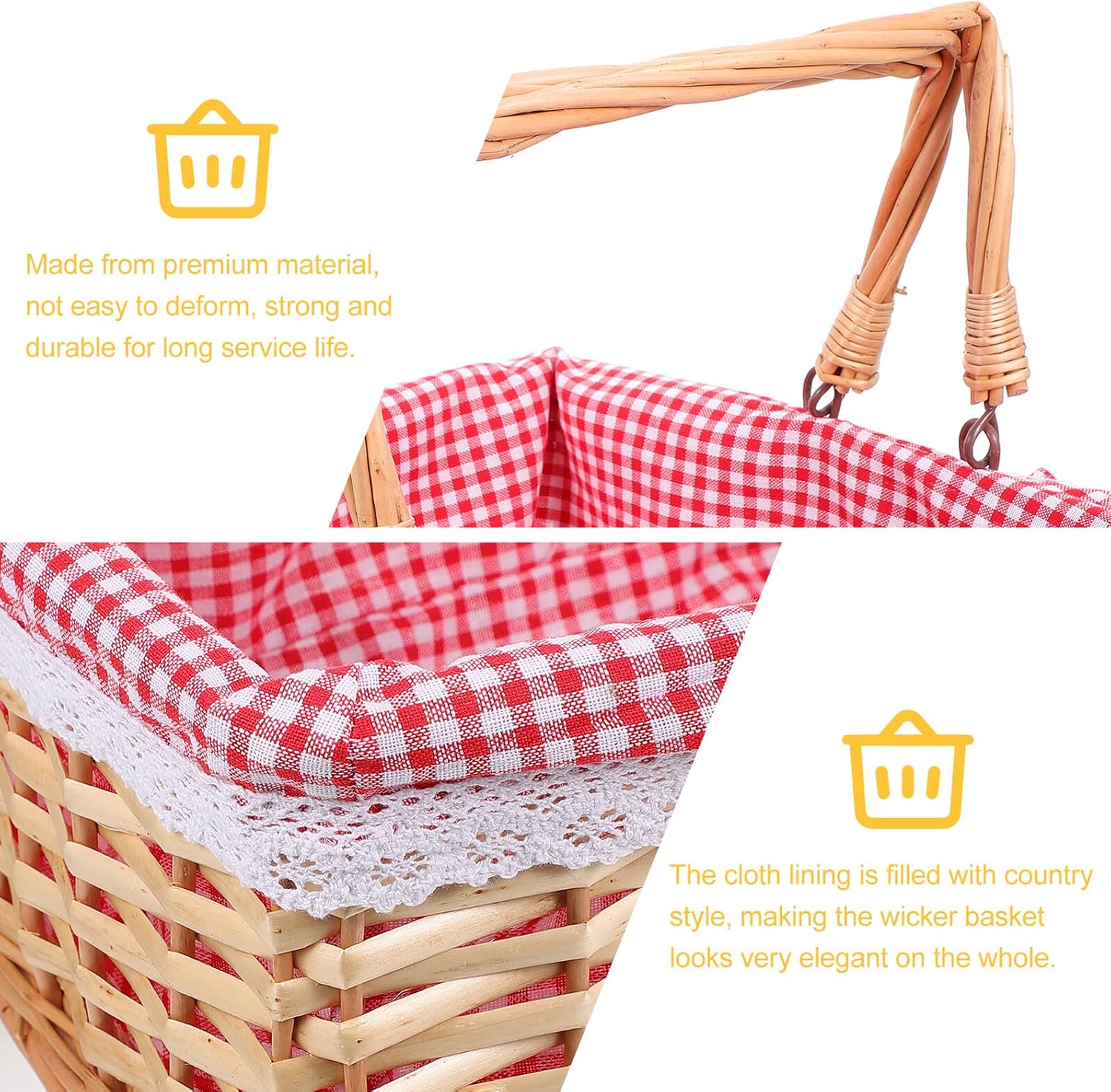 Wicker Picnic Basket Red White Checkered Liner Outdoor Willow Storage Basket for Camping and Travel