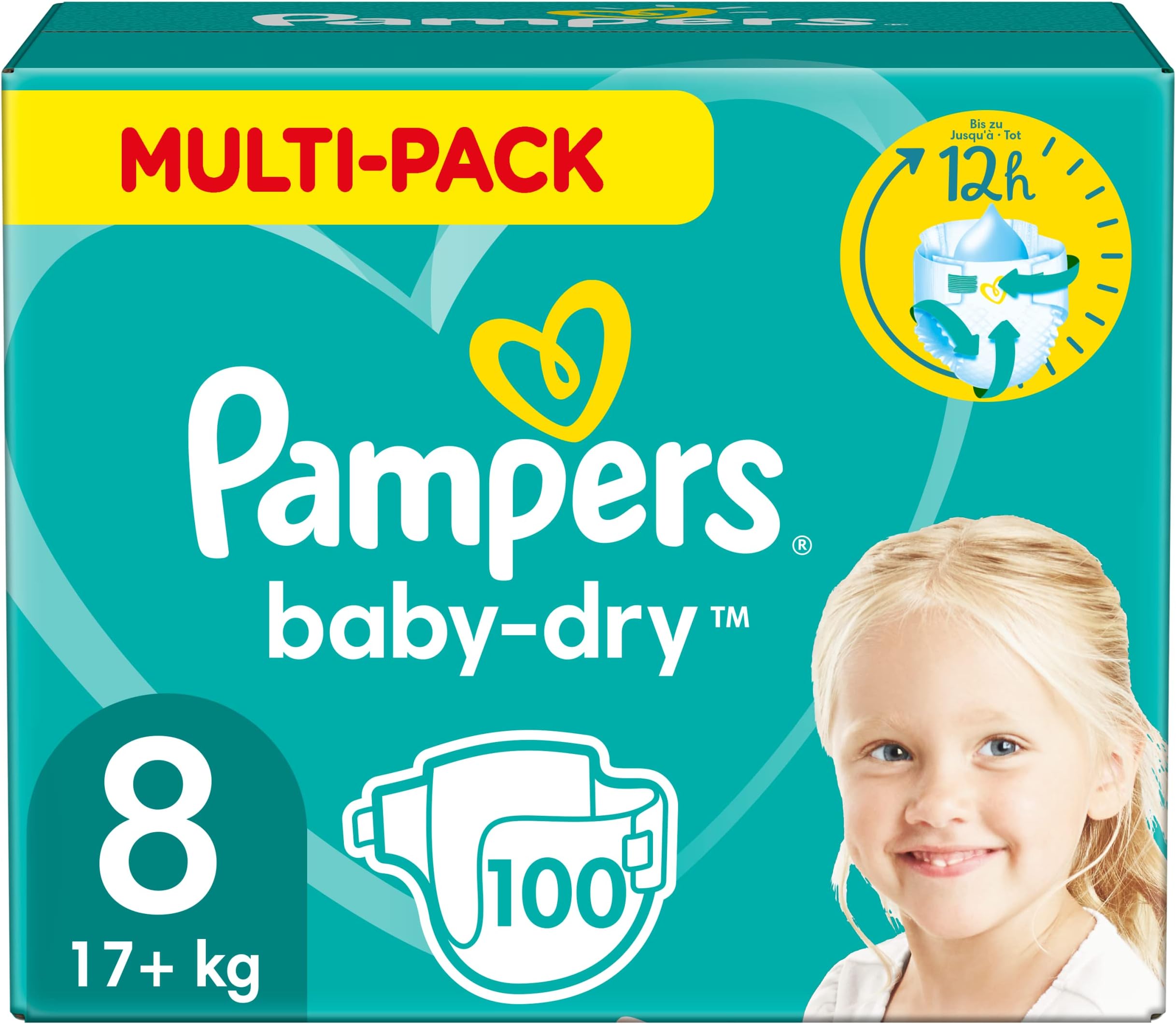 Pampers Baby Nappies Size 8 (17+ kg/37.5 Lb), Baby-Dry, 100 Nappies, MONTHLY SAVINGS PACK, Up To 12h Of All-Around Leakage Protection