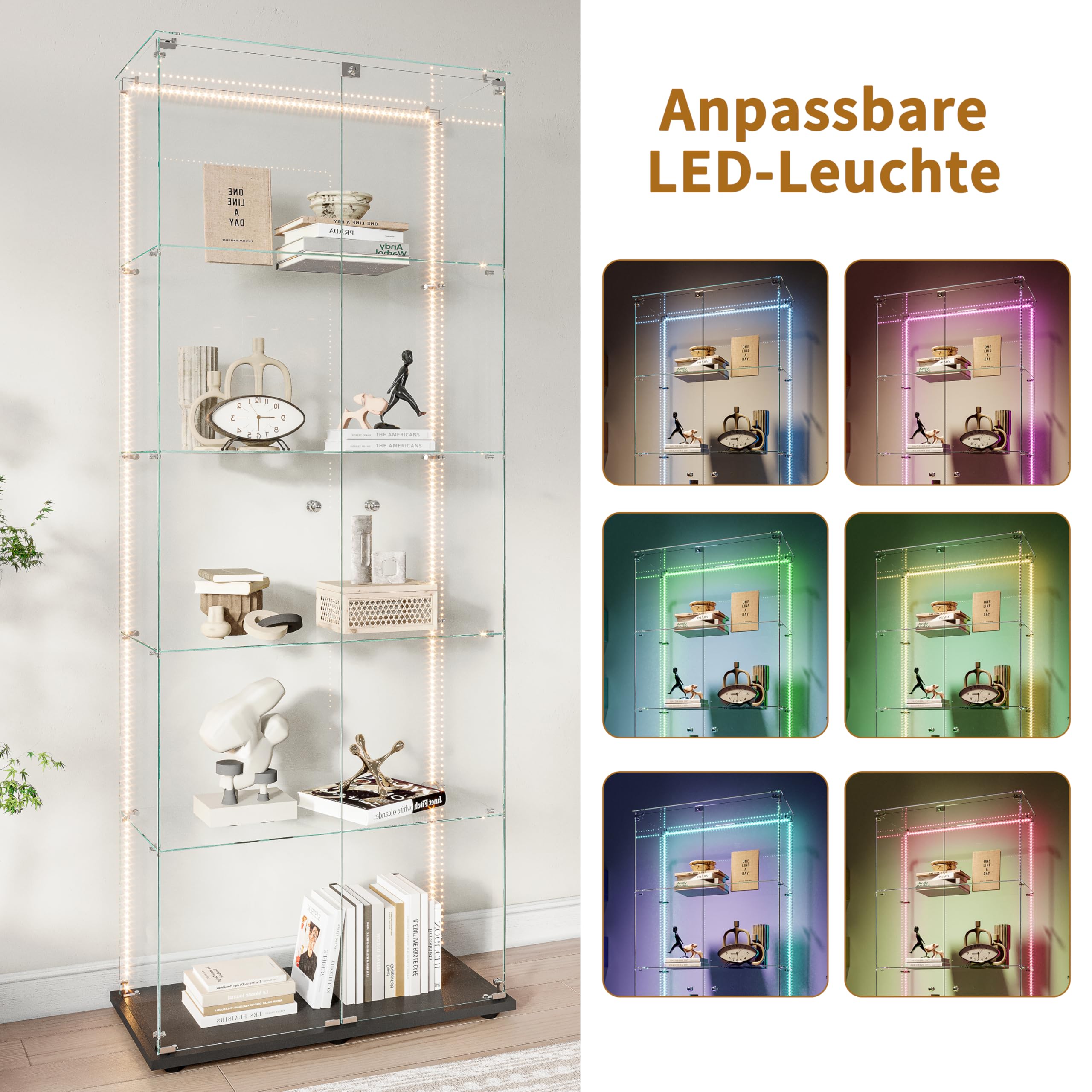 Vitrine en Verre avec LED,Armoire vitrine pour Collection avec 2 Porte 5 étagères Transparent Meuble Vitrine Verre vitrines Figurine Armoire Salon Bar (5 étages 2 Porte+LED-1, Noir)