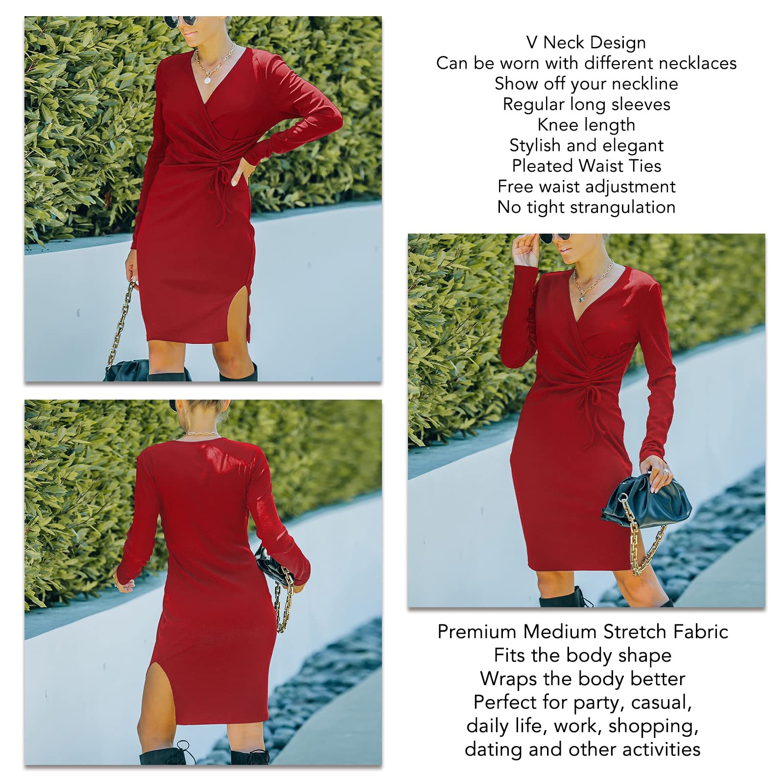 Ejoyous Robe Cache-cœur pour Femme Col en V Robe à Manches Longues Robe Tricotée Robe Pull Robe Tunique Mini Robe Ceinturée Plissée