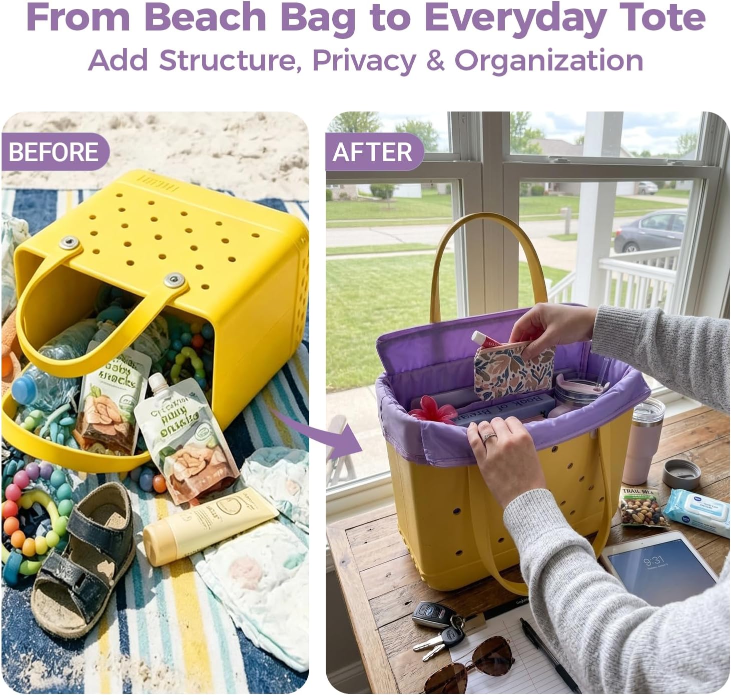 Nyton Organizer Insert Only Compatible with Bogg Bag Original Medium, Beach Bag Organizer with Zipper Lid (Purple, Medium) image 2
