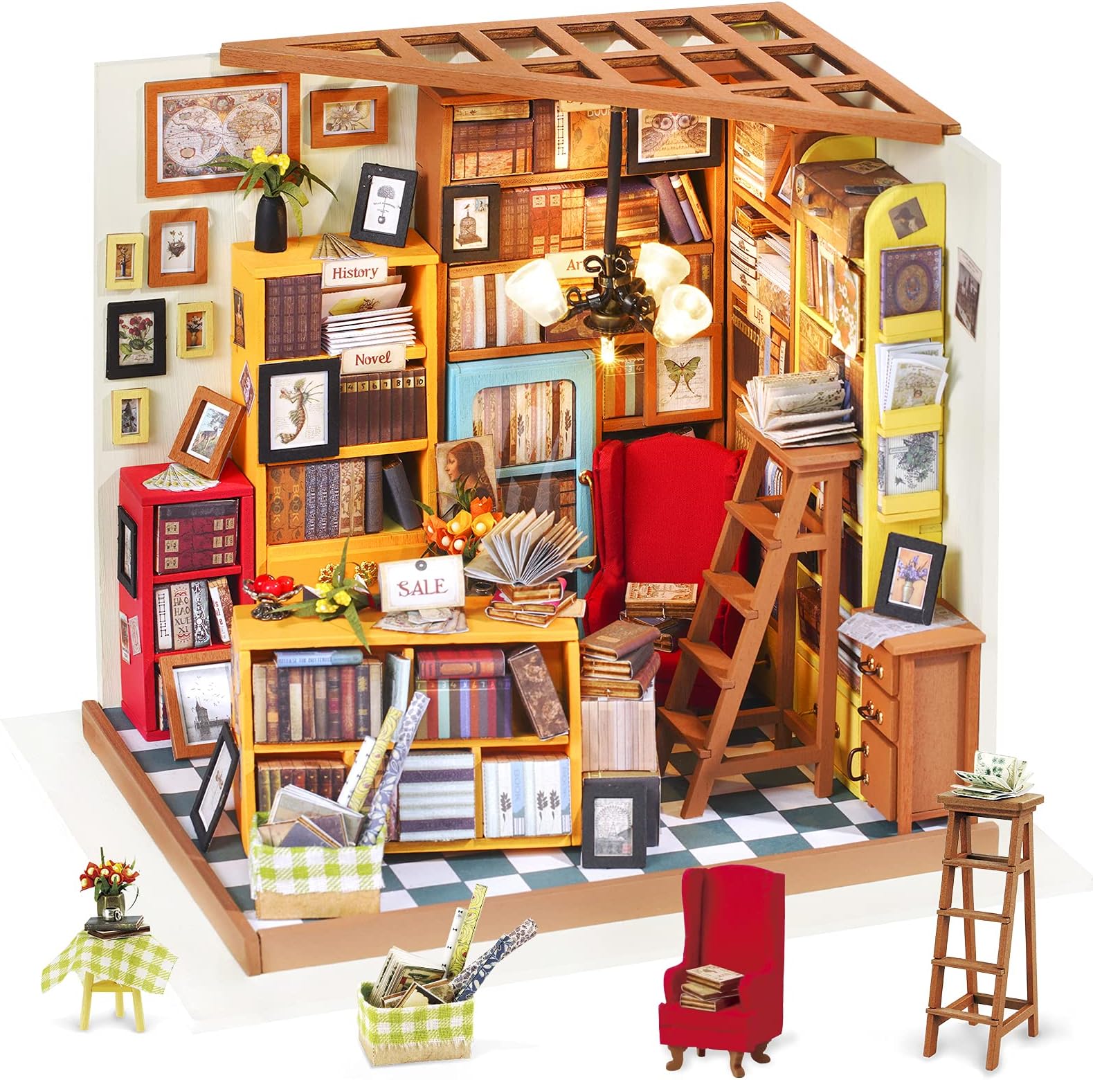 Rolife DIY Miniature Dollhouse Kit Bookstore Room Making Kit Mini Library Diorama Kit Wooden Model Building Set Hobby Christmas Birthday Gifts for Adults Women Family (Sam's Study)