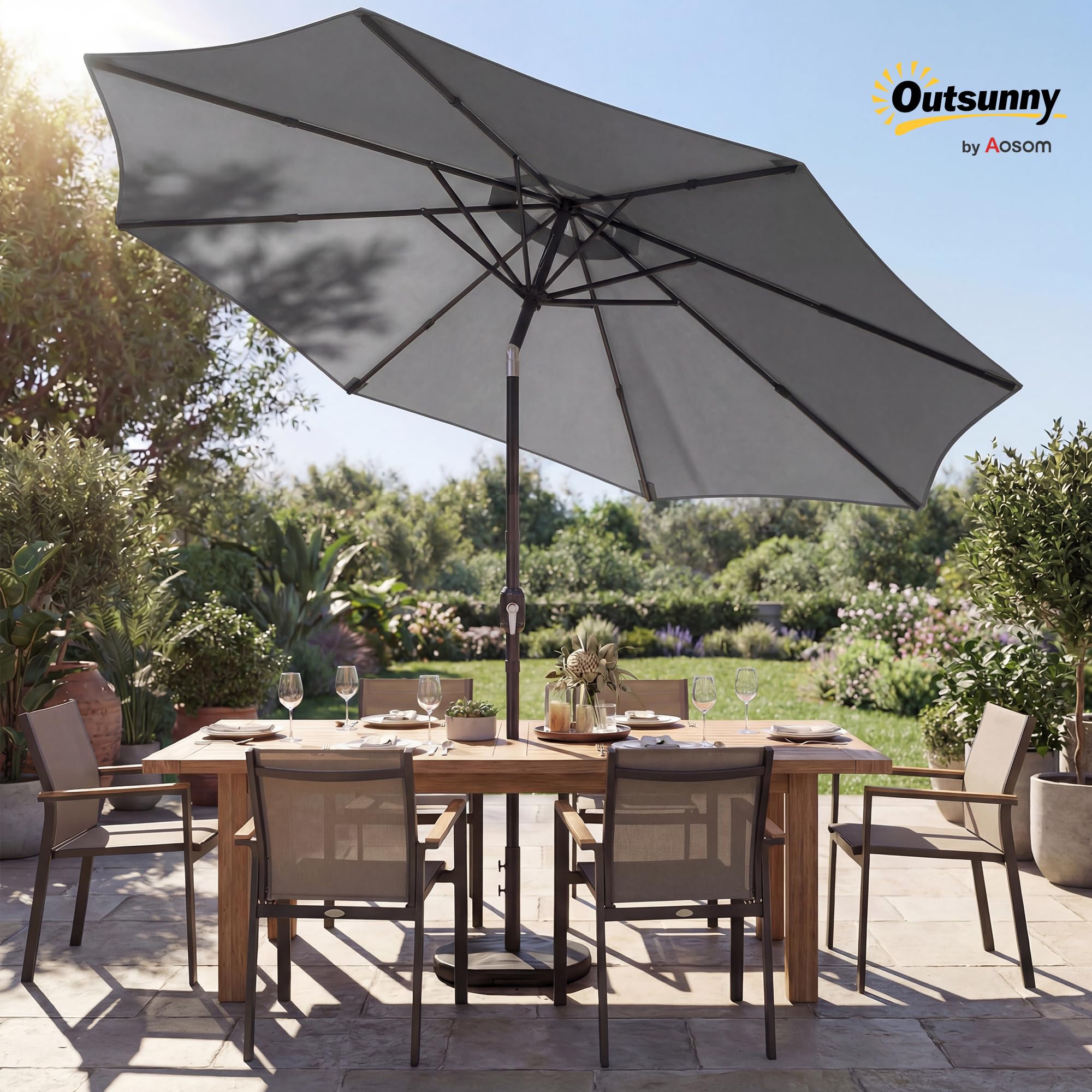Outsunny 2.7 m Garden Parasol Umbrella with Cross Base and Sandbag, Retractable Ribs, Outdoor Table Market Patio Umbrella Sun Shade with 30 Degree Tilt and Crank, Vent - 3