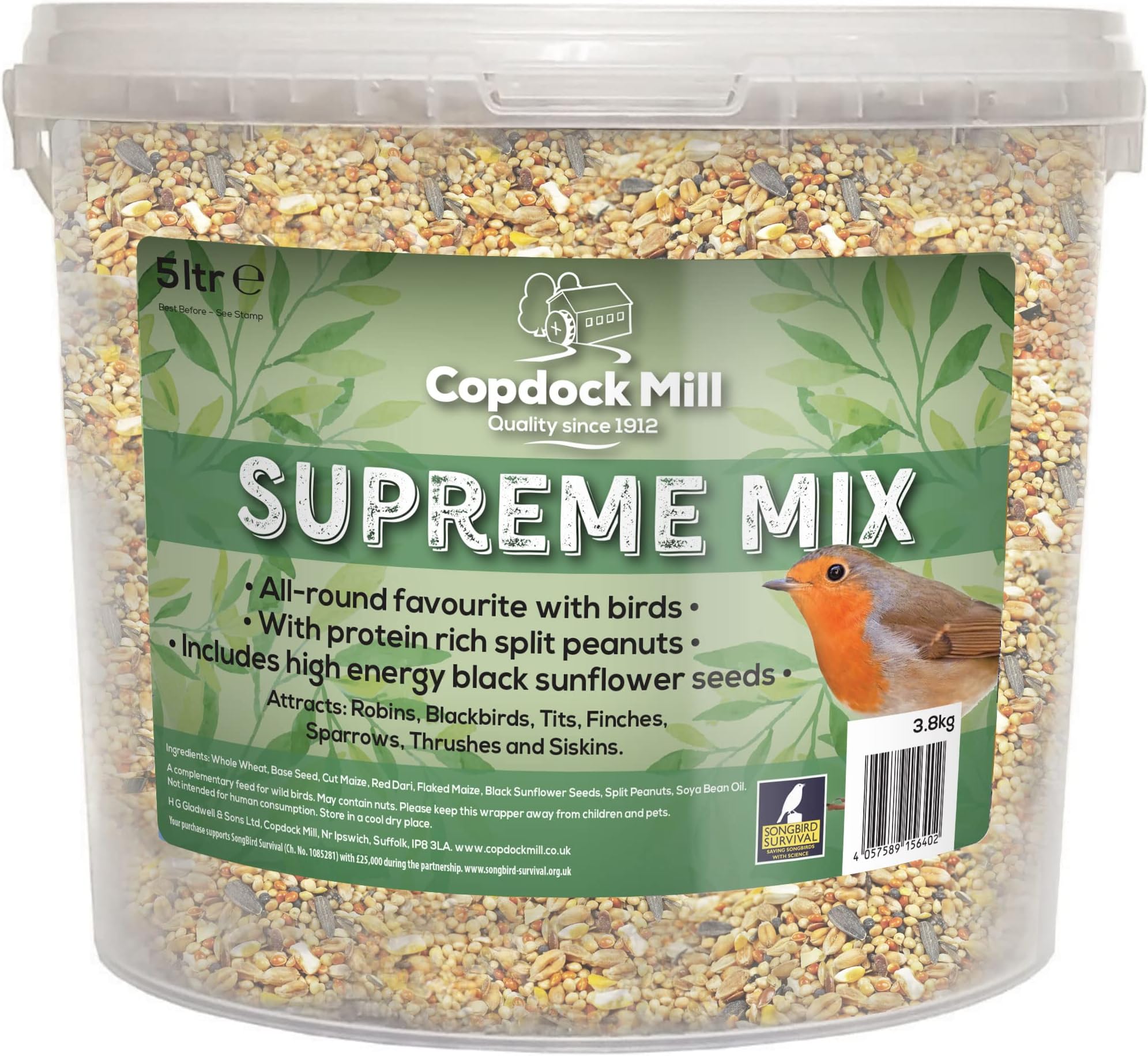Copdock Mill Wild Bird Seed Supreme Mix 5L Tub – All Year-Round Bird Food – 100% Natural Ingredients Including Peanuts for Wild Birds – Suitable for All Wild Bird Species