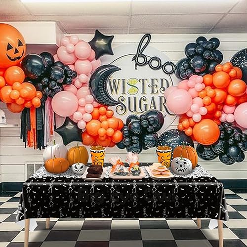 Miniatura 6 de 3 manteles desechables de Halloween con diseño de calavera y esqueleto, de plástico, color negro, rectangular, de vinilo, para decoración de fiestas
