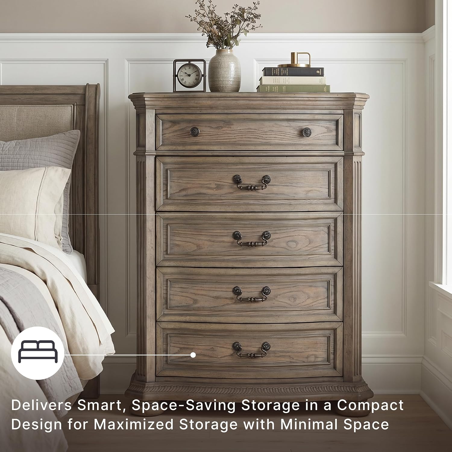 Signature Design by Ashley Ardenfield Traditional 5-Drawer Chest with Felt-Lined Top Drawers, Light Brown
