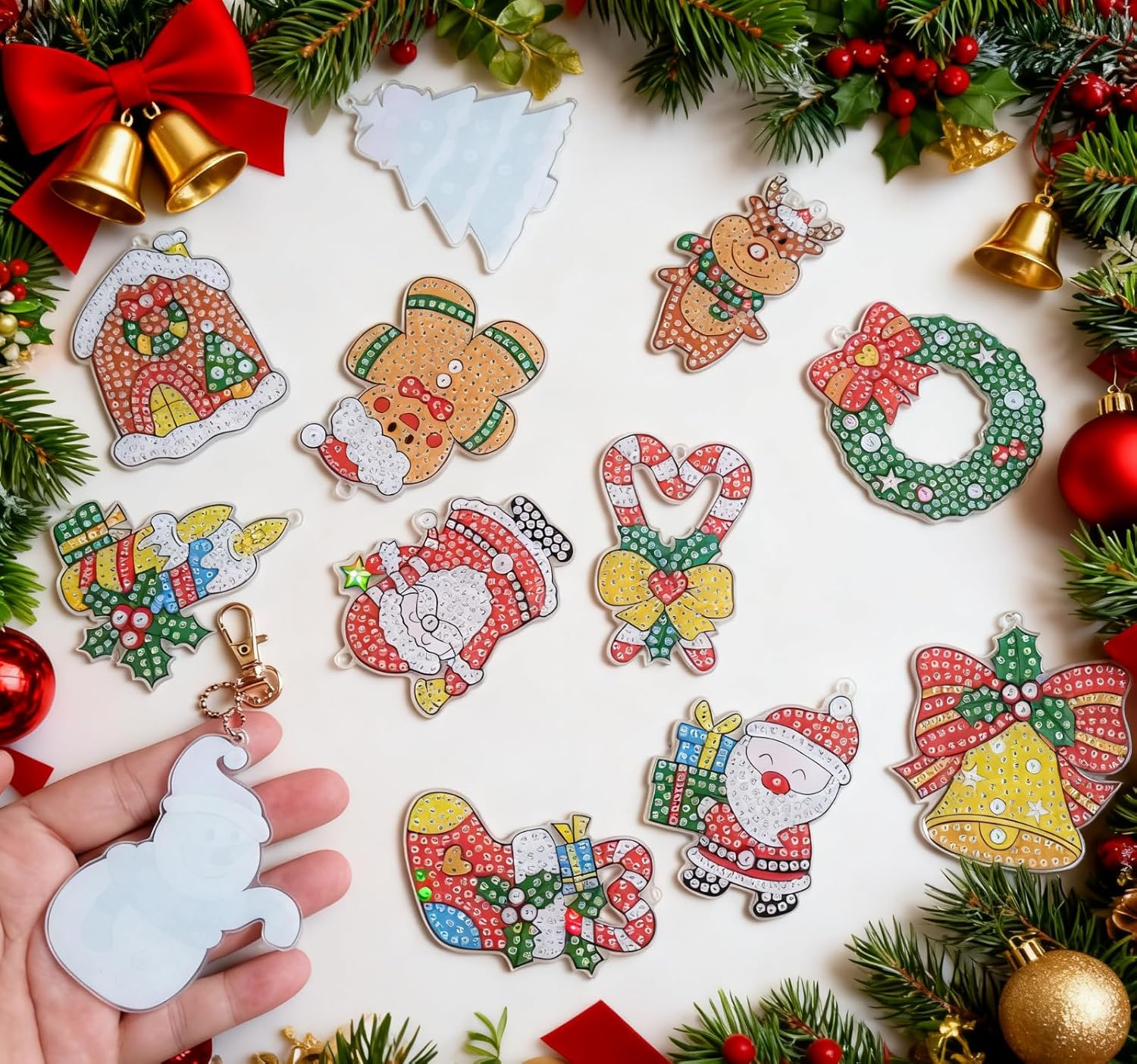 Christmas Tree Decorations Xmas Tree Ornaments Bulk Christmas Gifts for Adults Kid Girls Boys Christmas Diamond Art Kits Ornaments 12 Pcs 5D DIY Diamond Painting Keychain for Party Home Decoration - Image 5
