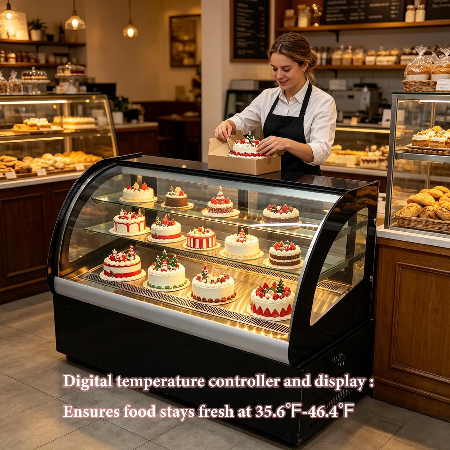 220V 315W Commercial Bakery Display Case with Glass Door, 135L Stainless Steel Cake Cooler Refrigerator with LED Lighting and Anti-Fog Front Window for Supermarket, Hotel, Store