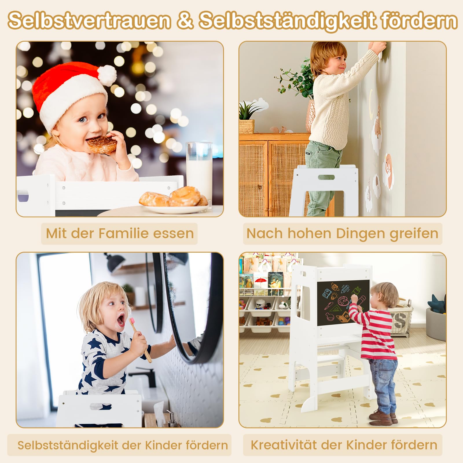 DREAMADE Lernturm ab 1 Jahr, Tritthocker Holz mit doppelseitiger Tafel, Learning Tower Höhenverstellbar, Lernturm Kinder mit Sicherheitsschiene, belastbar bis 60kg (Weiß)