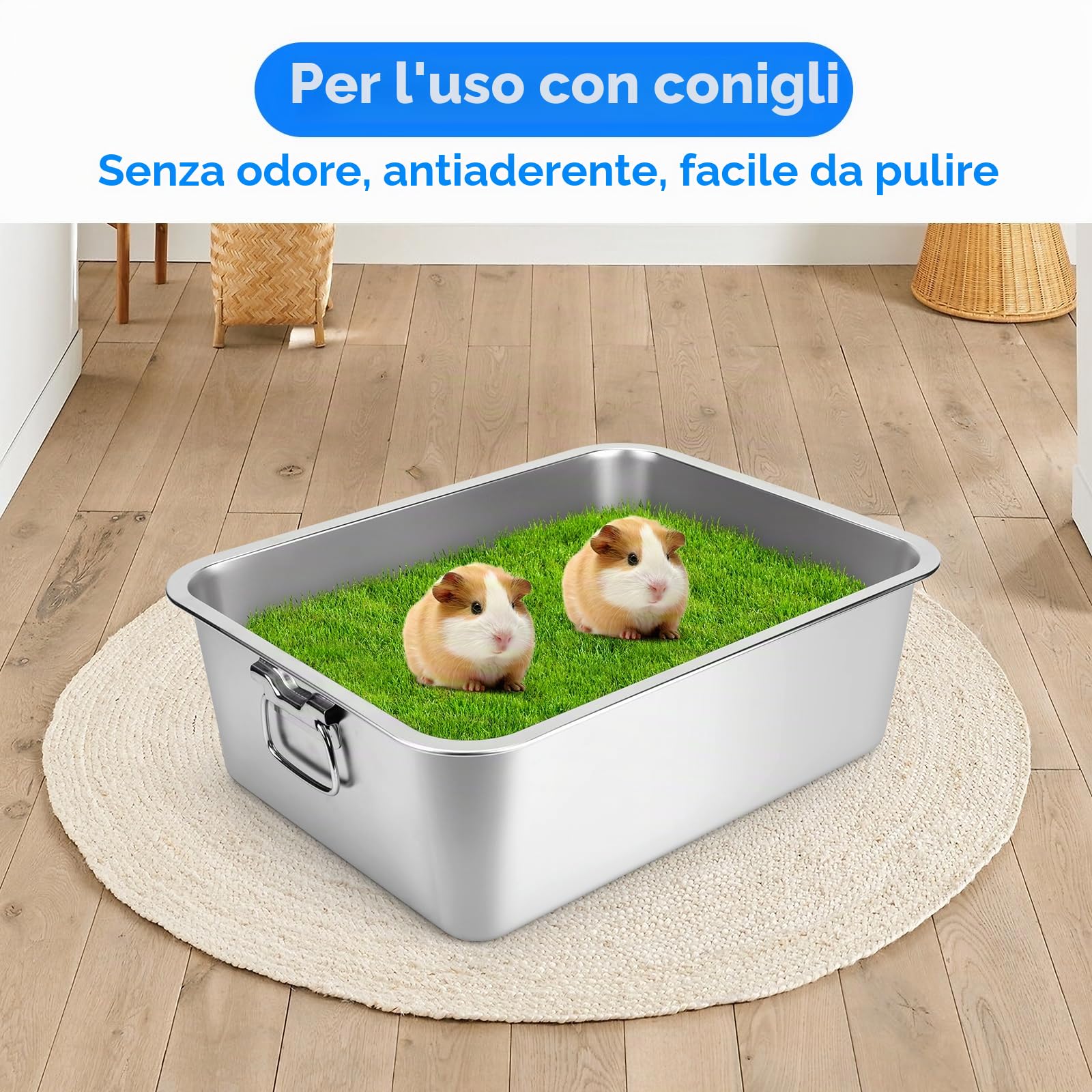 Lettiera per Gatti in Acciaio Inox, Lettiera con maniglia per gatti e Conigli, Plateau d'alimentation rabattable, lettiere antiodore, superficie liscia antiaderente (60x40.5x16.5cm)