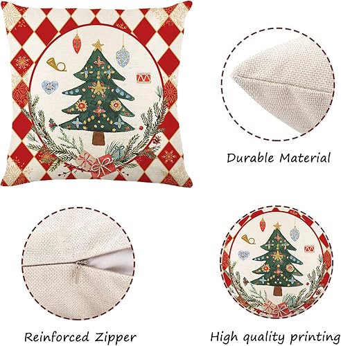 Vista 2 de ONFAON Juego de 4 fundas de almohada rojas con árboles de Navidad, 18 x 18 pulgadas, decoración de Navidad y vacaciones de invierno para sofá