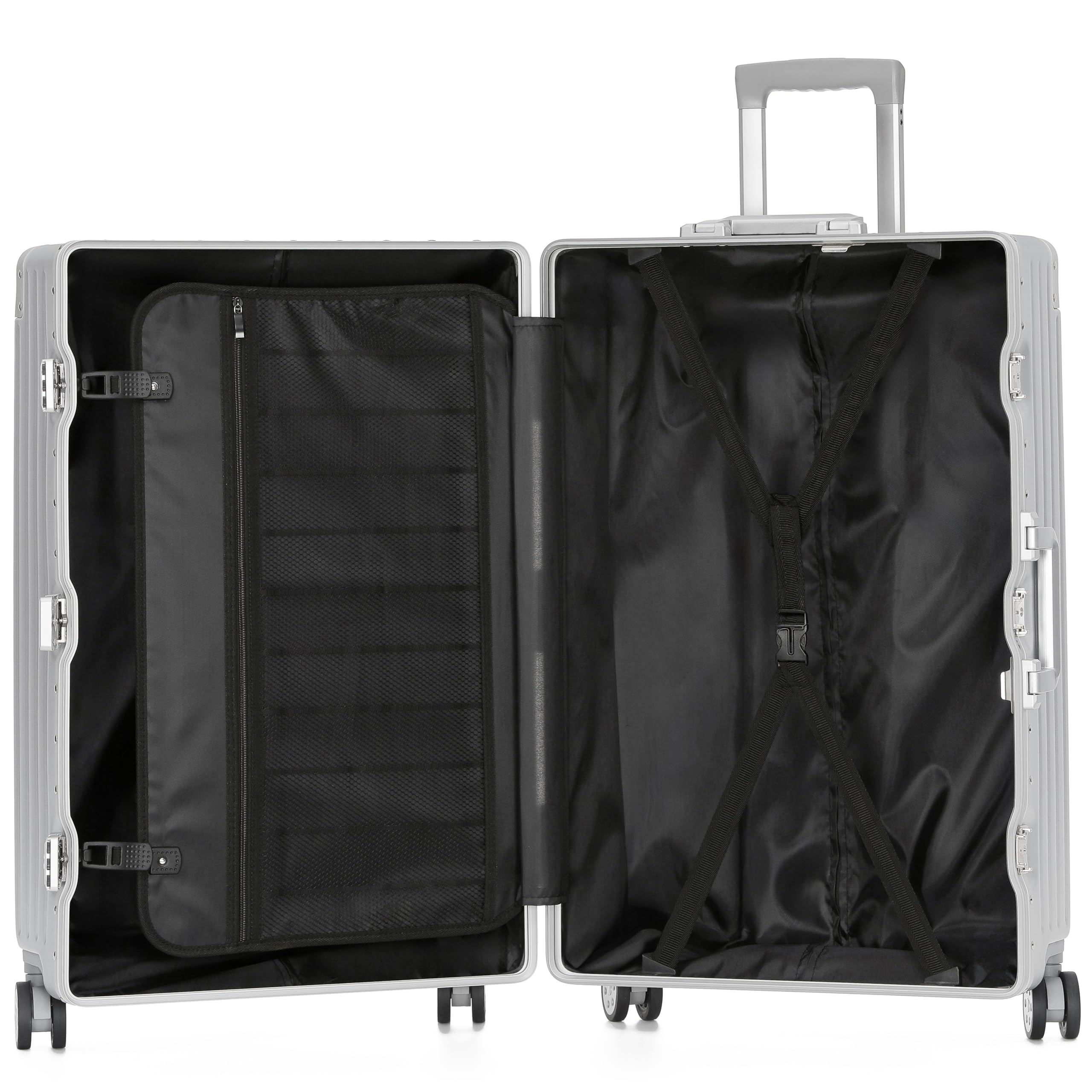 KOFA Zurich - Set di 2 valigie in alluminio, M-55 cm e XL-75 cm, telaio rigido trolley, carry-on + valigetta per check-in, con 4 ruote e doppia serratura TSA 35L + 94L, argento, 55x37x23 cm /