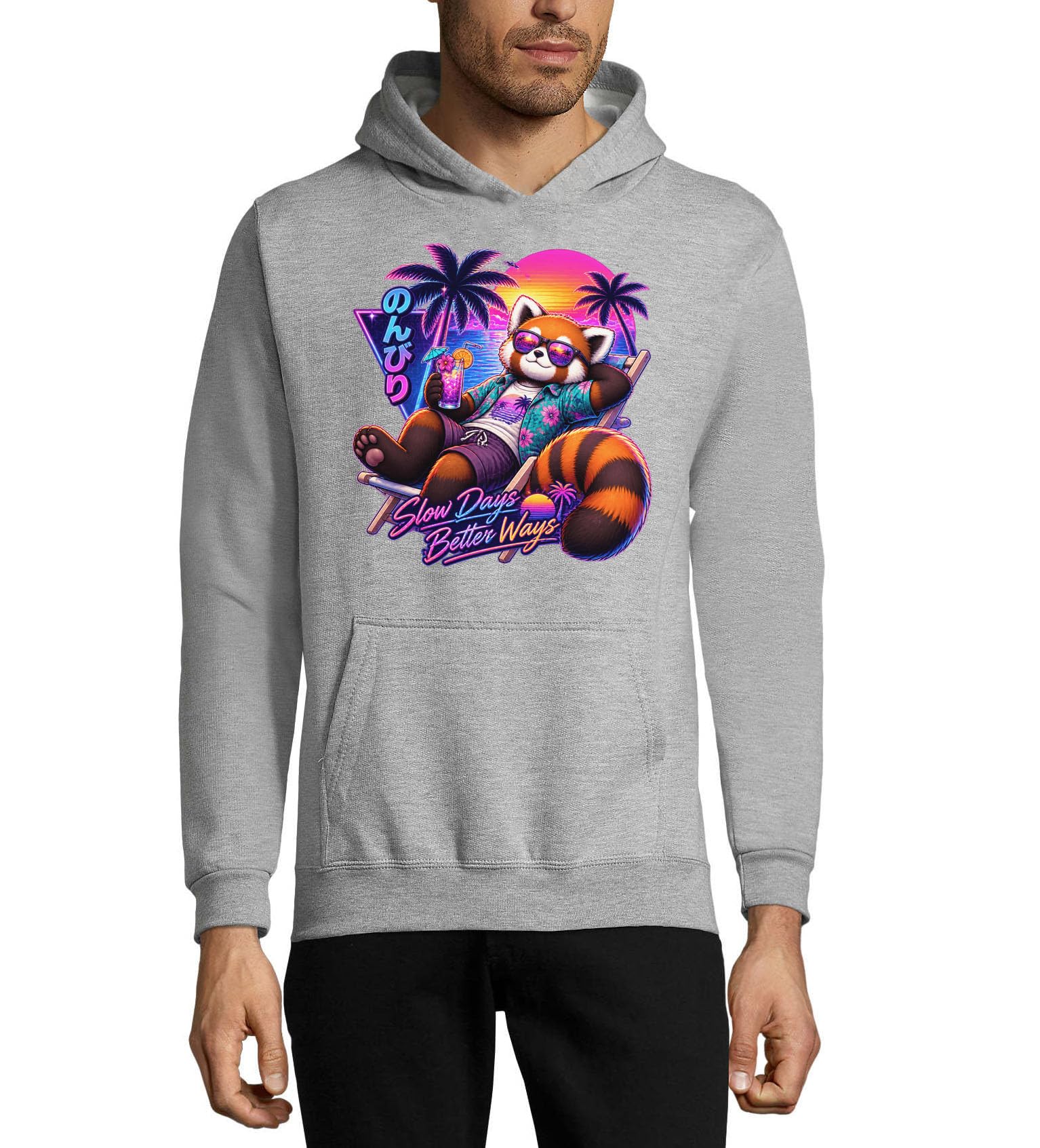Luźna czerwona panda ciesząca się tropikalnym zachodem słońca unisex mieszanka bawełny bluza z kapturem bluza z kapturem szara