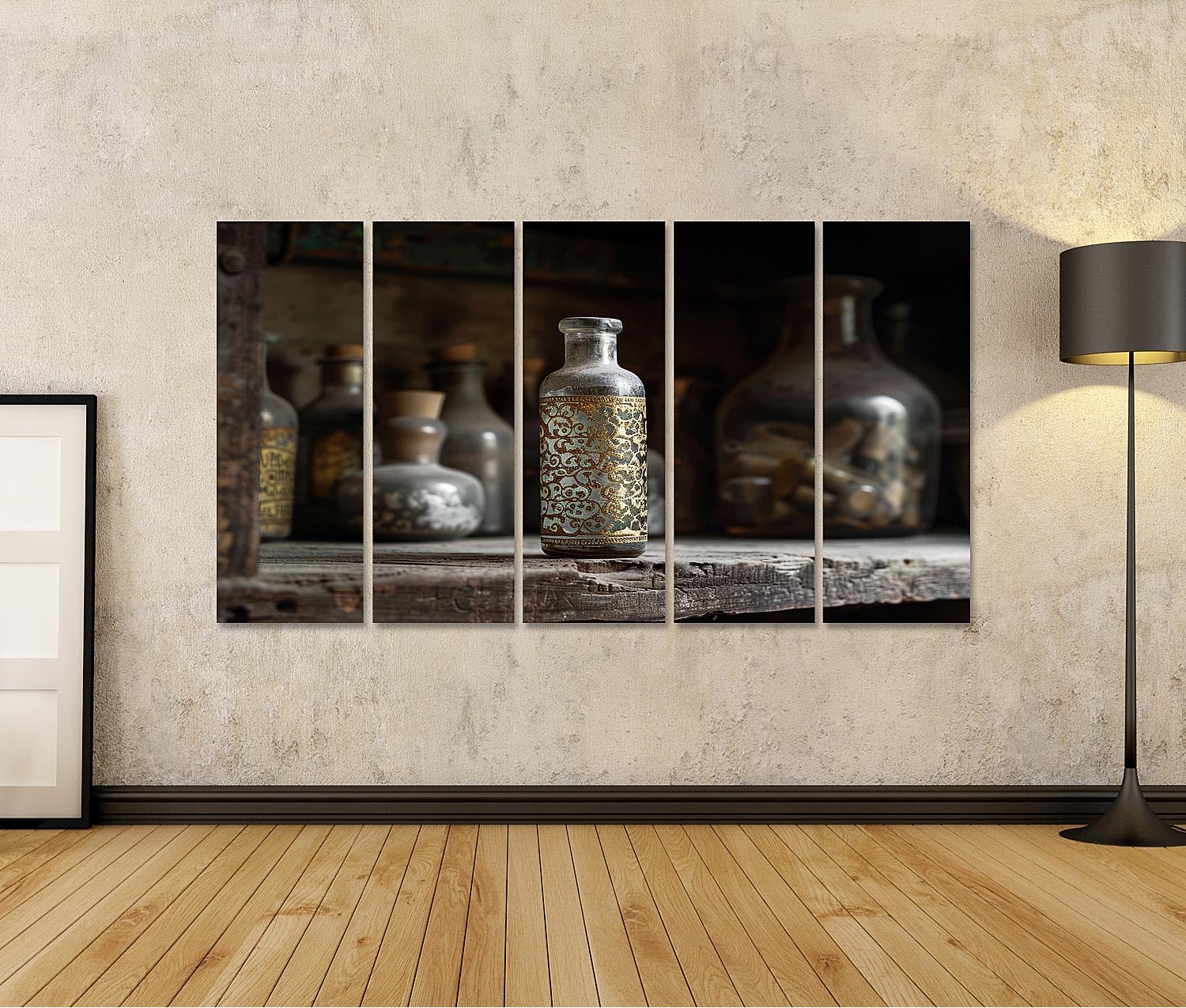 islandburner Bild auf Leinwand Verzierte antike Apothekerflaschen auf Holzregal für Küche Sammler Antiquitätengeschäft Bilder Wandbilder Poster
