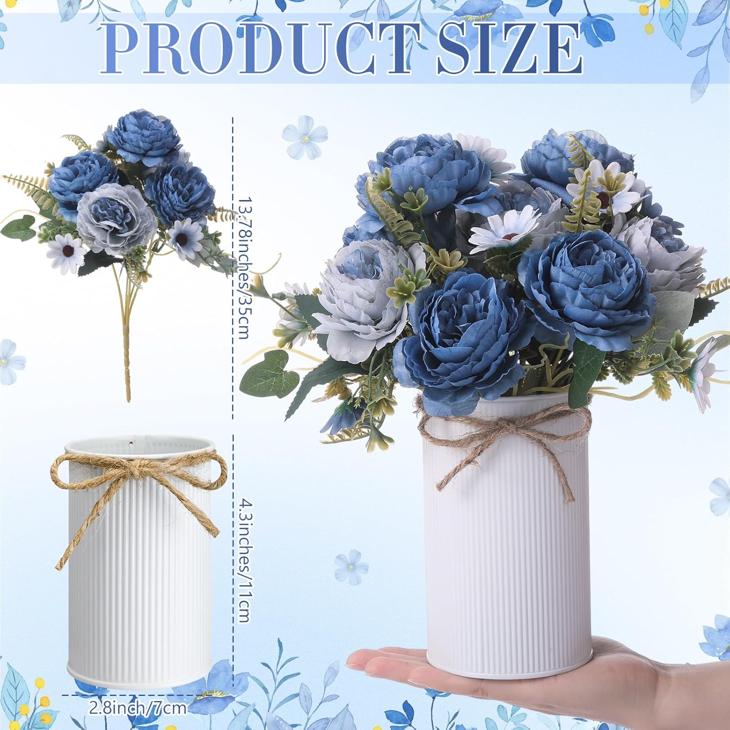 Domensi 6 Sets Wedding Centerpiece for Table Decoration Dusty Blue Artificial Fake Rose Flower with Metal Vase Faux Silk Rose Bouquet Floral Arrangement for Bridal Shower Home Dining - Image 3