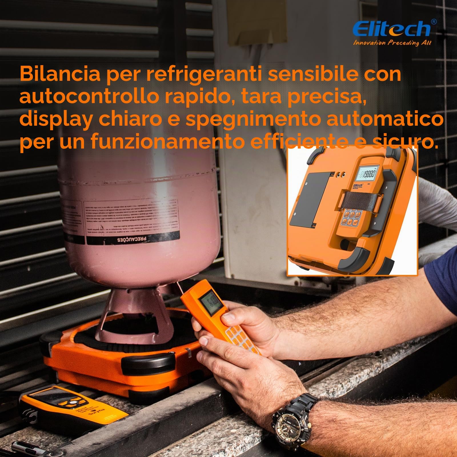 Elitech LMC-310 Bilancia Elettronica del Refrigerante, 100KG Senza Fili per il Rifornimento di Carburante Refrigerante Elettronico per HVAC e Auto AC con Custodia Portatile