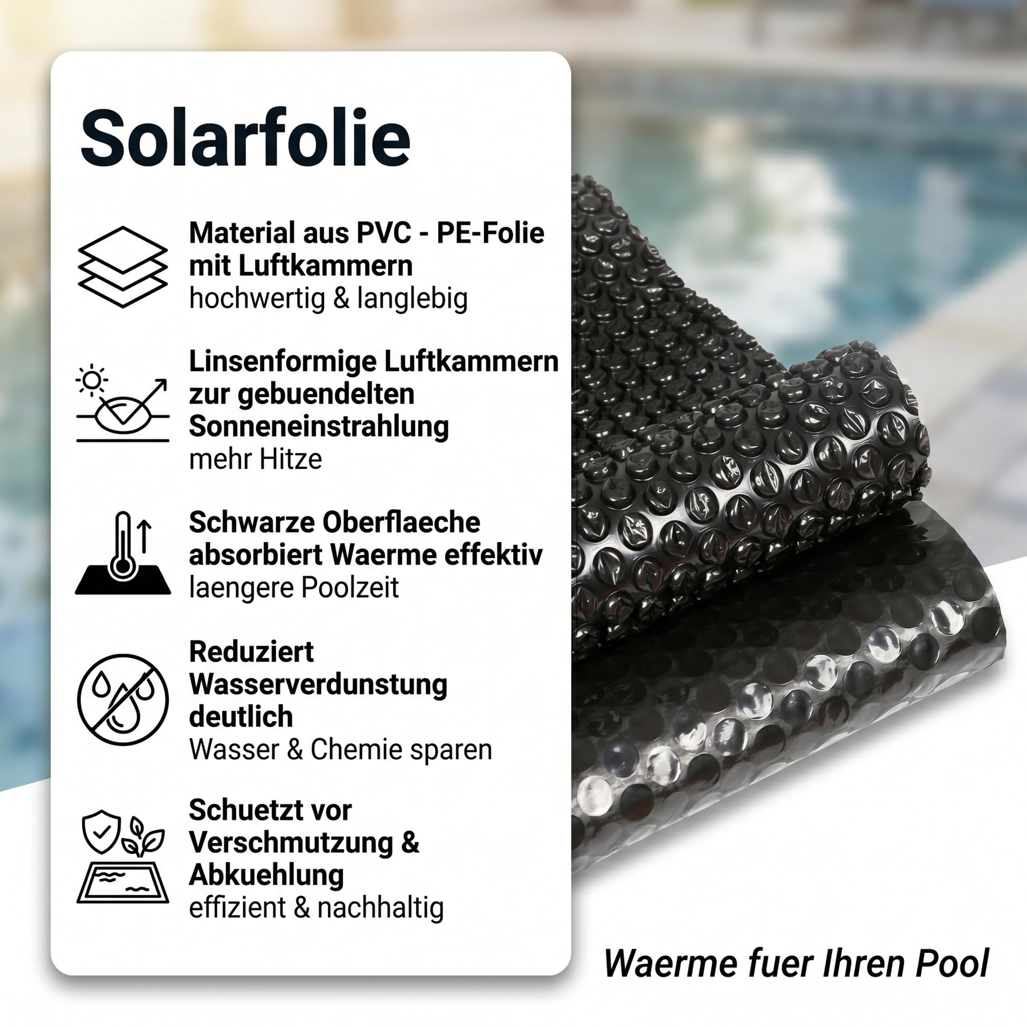 Mucola Pool Solarfolie Rechteckig 600x400 cm Schwarz – Poolabdeckung PVC mit Luftkammern und Ösen | spart bis zu 70% Heizkosten, reduziert Verdunstung, UV-beständig, zuschneidbar für Einbaupool
