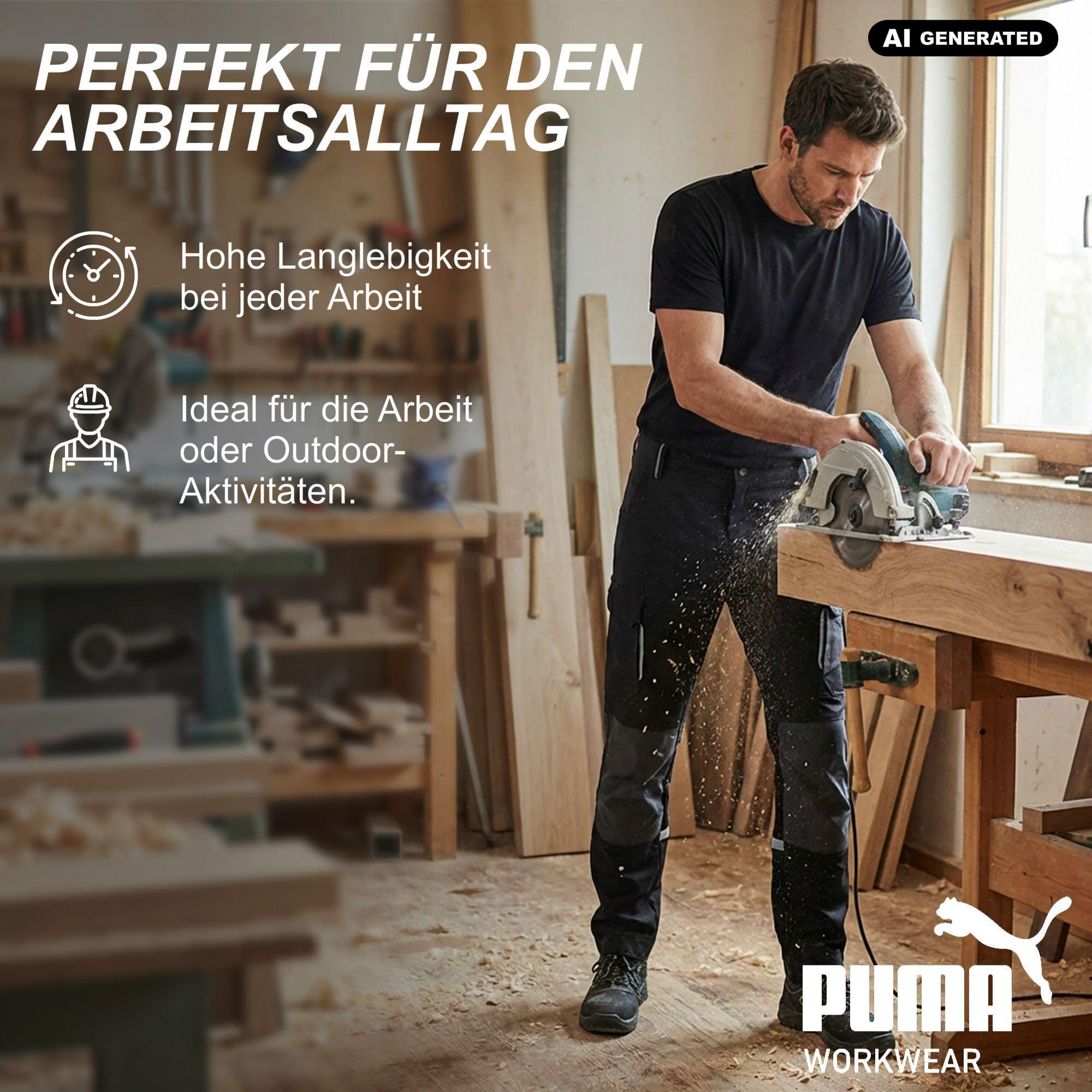 PUMA Workwear męskie spodnie robocze – z 4-kierunkowym stretchem – wytrzymałe spodnie ze wzmocnionym obszarem kolan i gumowym ściągaczem w pasie – podwyższona część pleców – spodnie z przedłużonym