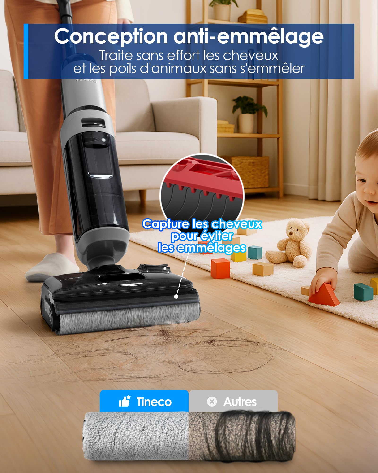 Tineco Floor One i5 Stretch Aspirateur Laveur sans Fil, 20 kPa, portée à Plat 180°, Nettoyage Deux Bords, 30 Min d'autonomie, Auto-Nettoyage, Parfait pour Les Saletés Collantes et Les Poils d'animaux