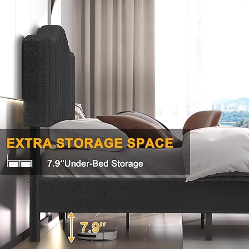 Miniatura 7 de VECELO Base de cama tapizada de tamaño matrimonial con cabecera de tela de peluche ajustable en altura, listones de madera fuertes, almacenamiento
