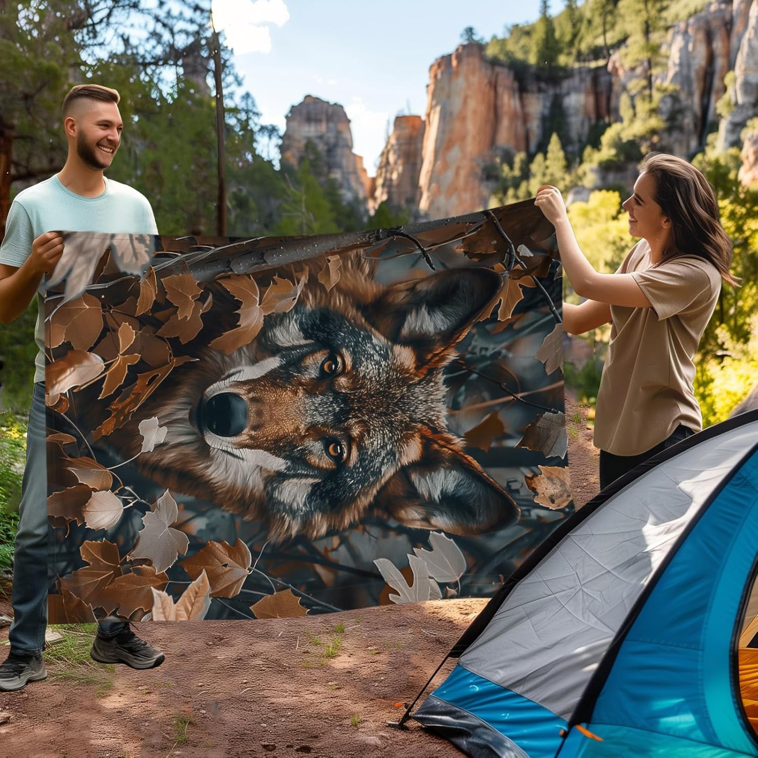 KOYI Camo Wolf Blanket, Realistic Camo Leaves with Wolf Throw Blanket, Cool Wolf Gifts, Wolf Gifts for Men Boyfriend Wolf Lovers, Soft Plush Wolf Throw for Couch, Sofa, or Bed, Brown Camo,50"x40"